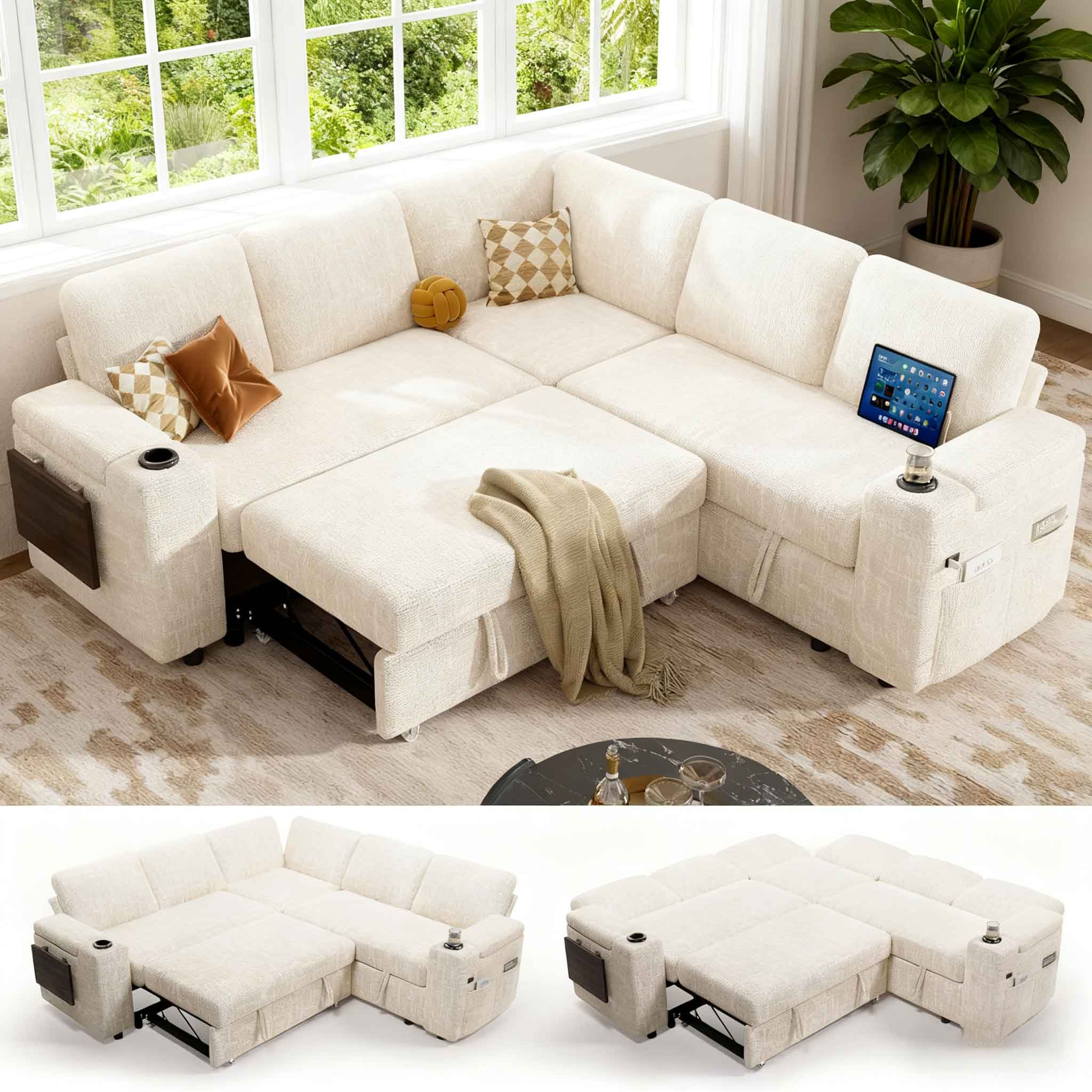Alt View 2. Dyonery - Dyonery 85" Modular Sectional Sleeper Sofa with Pull Out Bed, 5 Seat L Shaped with Reclining Backrest,Chenille White - Green.