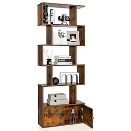 Costway - Bookshelf with Cabinet 6-Tier S-Shaped Bookcase Storage Rack - Rustic Brown