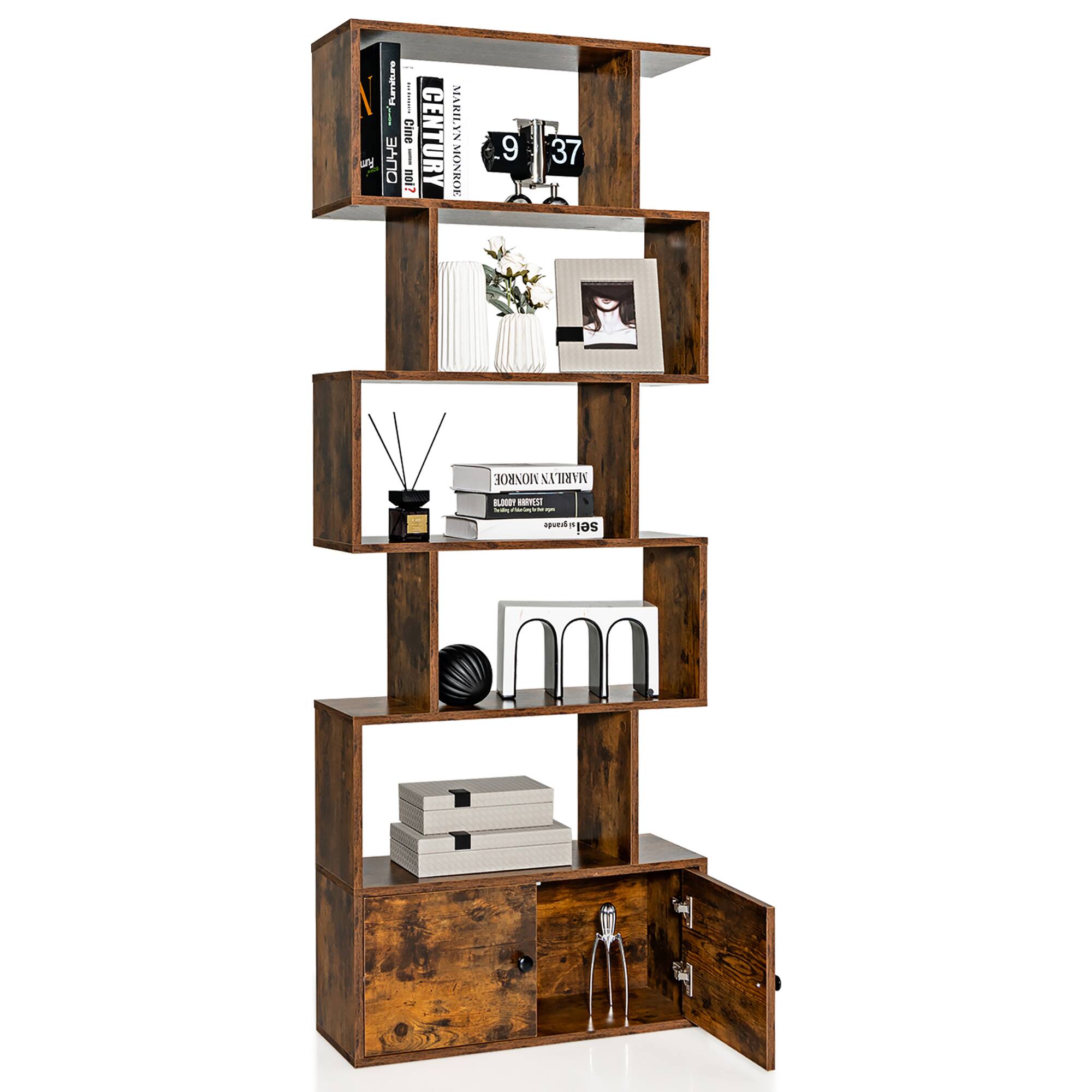 Costway - Bookshelf with Cabinet 6-Tier S-Shaped Bookcase Storage Rack - Rustic Brown
