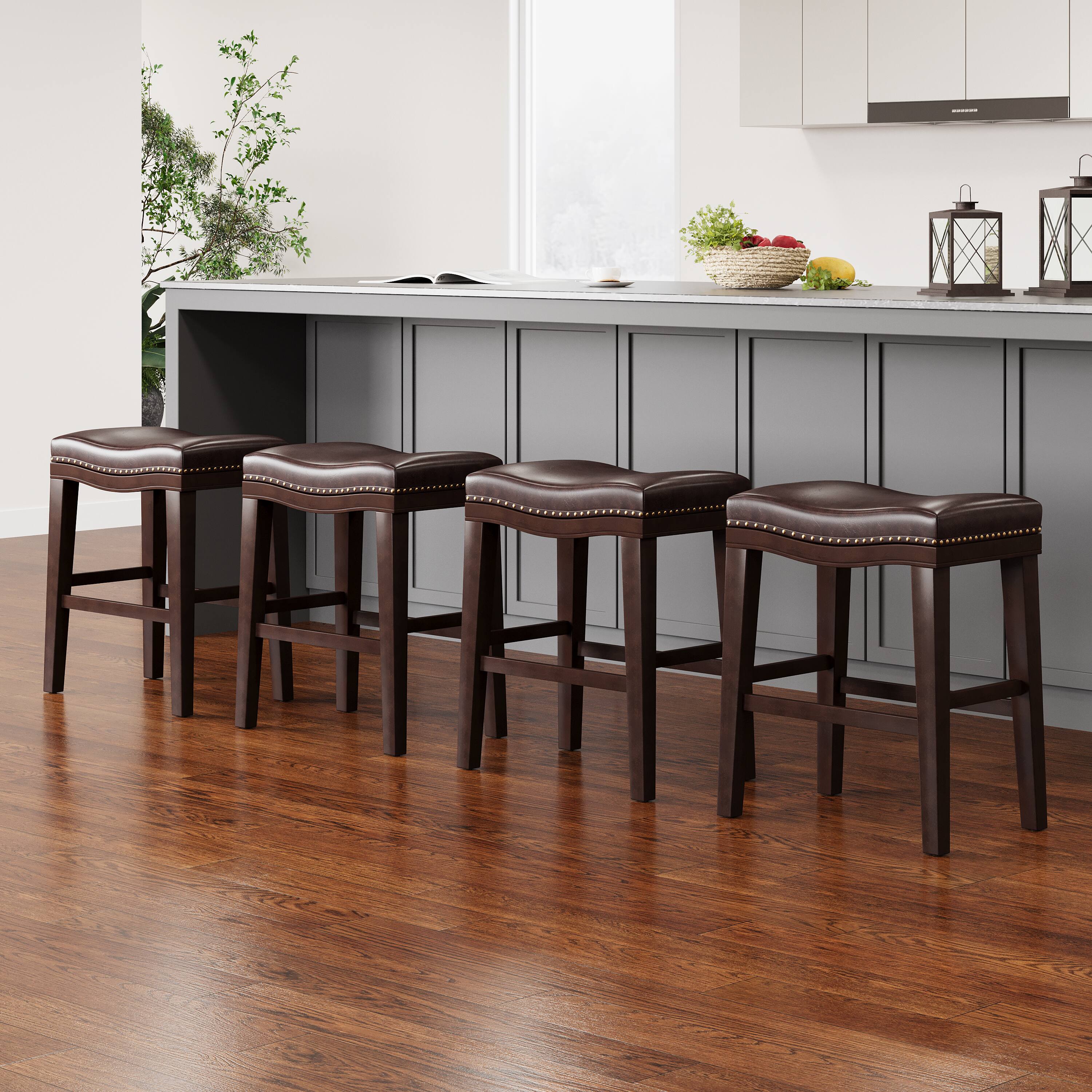 APRILSOUL - 26 Contemporary Upholstered Saddle Counter Stool Nailhead Trim Set of 4 Dark - Brown
