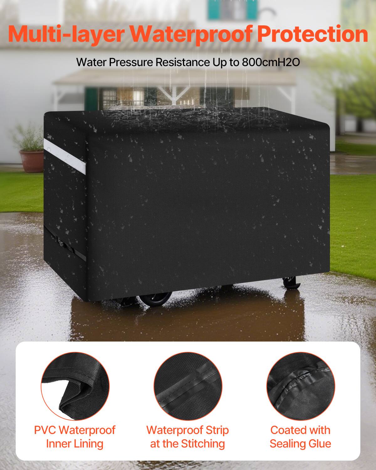 Multi-layer Waterproof Protection  
Water Pressure Resistance Up to 800cmH2O  

PVC Waterproof Inner Lining  
Waterproof Strip at the Stitching  
Coated with Sealing Glue