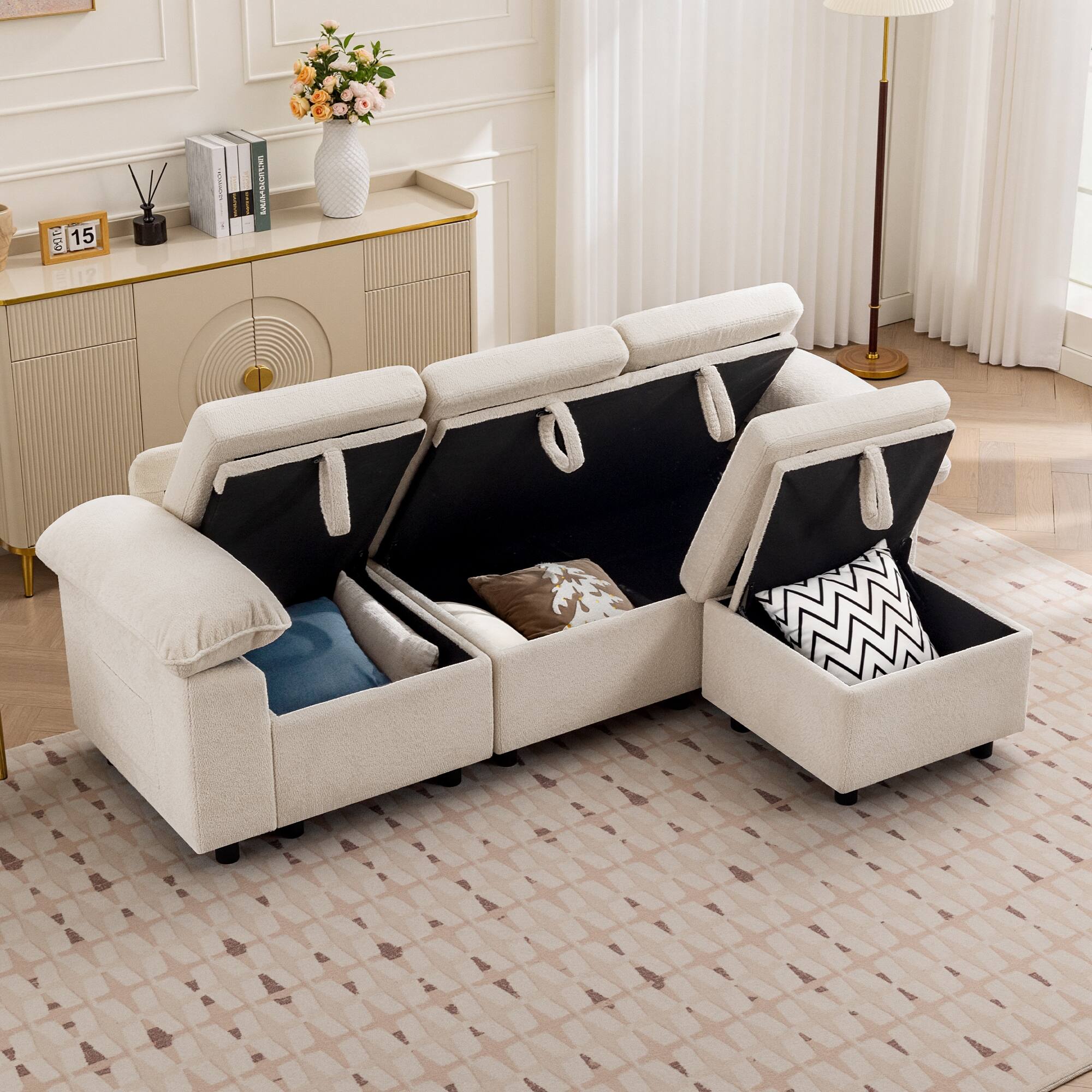Alt View 7. KERDOM - Oversized Pullout Sofa Couch with Storage Ottoman, Side Pocket, Washable Covers, Sectional Sofa Bed Free Combination - White-A.