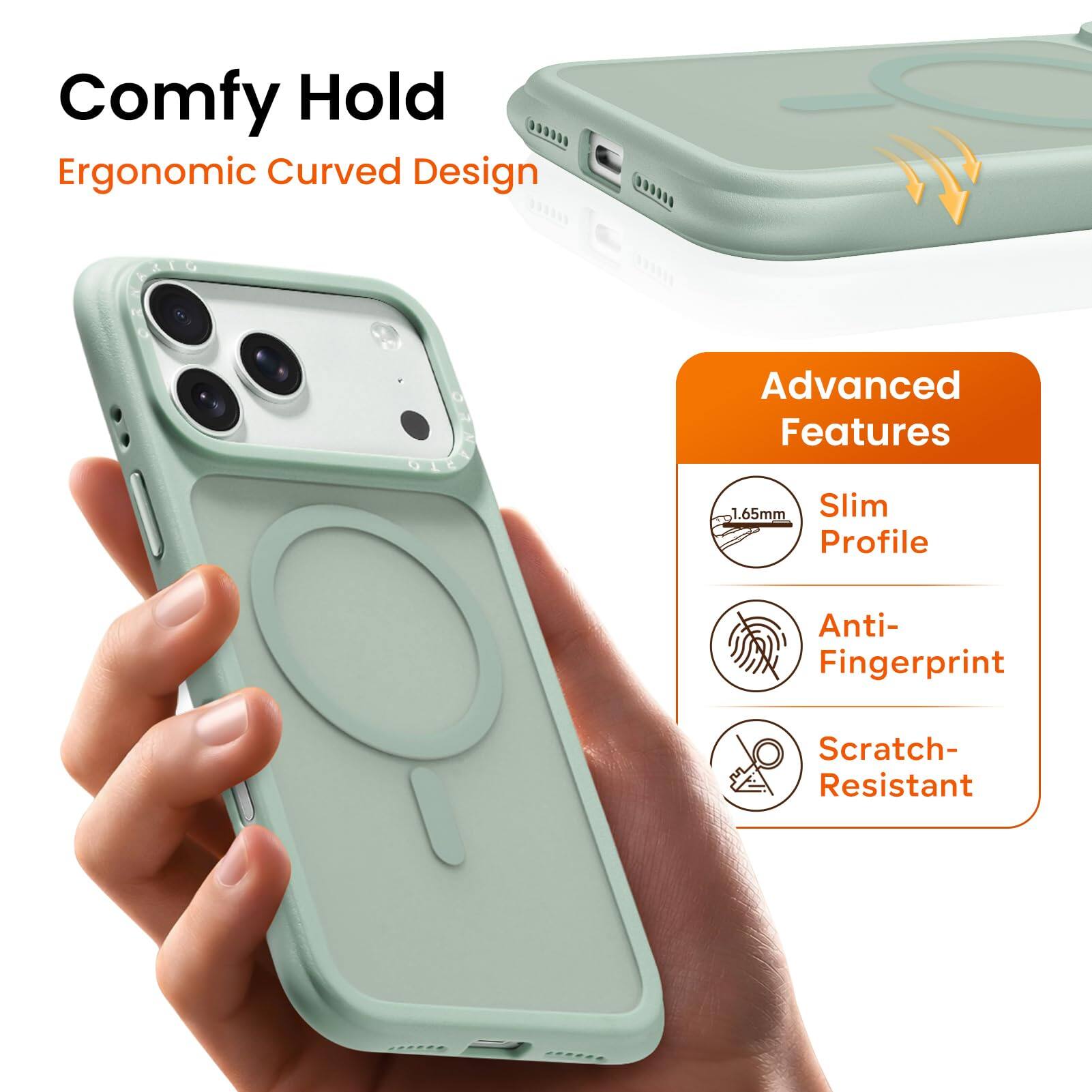 Comfy Hold  
Ergonomic Curved Design  

Advanced Features  
1.65mm Slim Profile  
Anti-Fingerprint  
Scratch-Resistant