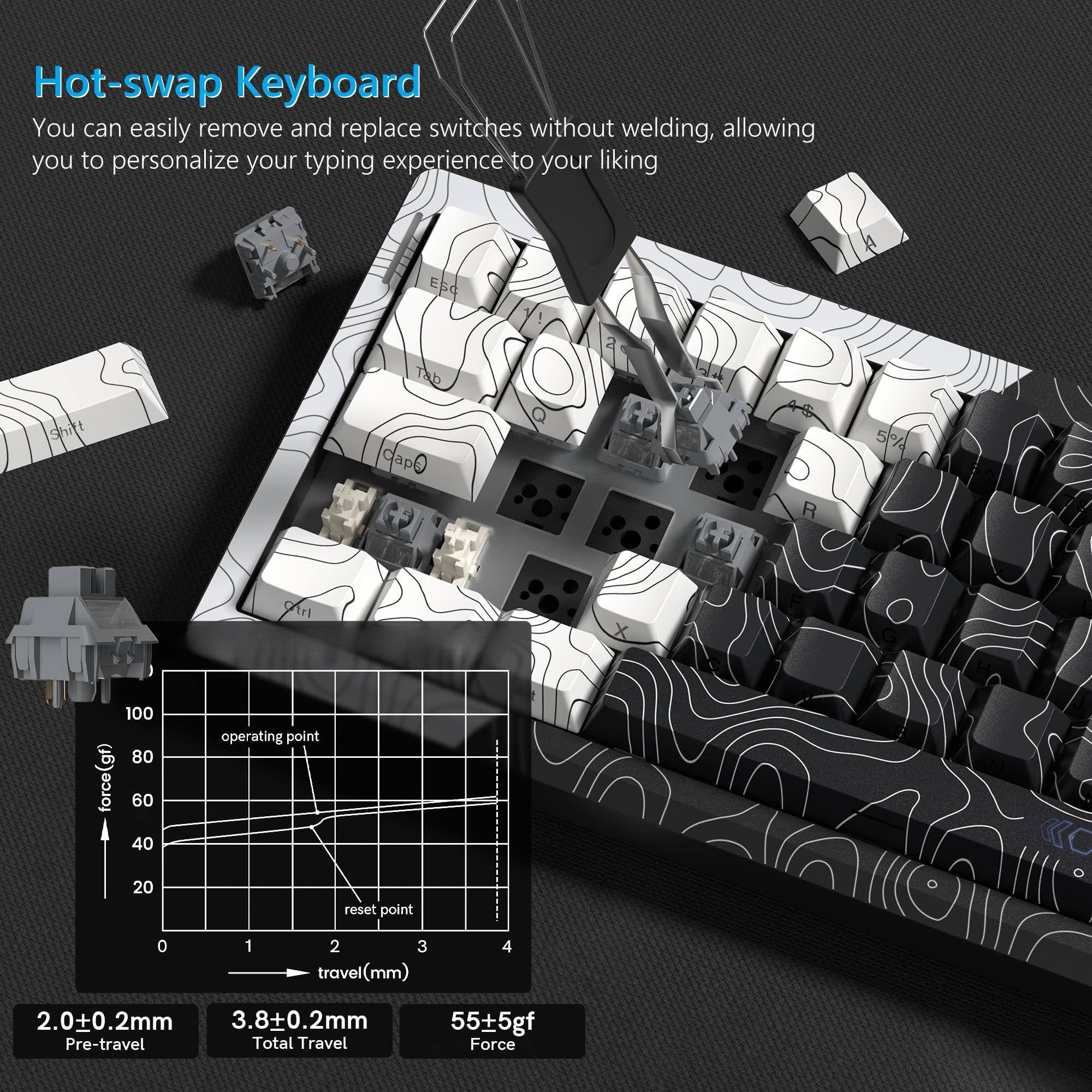 Hot-swap Keyboard

You can easily remove and replace switches without welding, allowing you to personalize your typing experience to your liking.

- Pre-travel: 2.0±0.2mm
- Total Travel: 3.8±0.2mm
- Force: 55±5gf

Operating point
Reset point