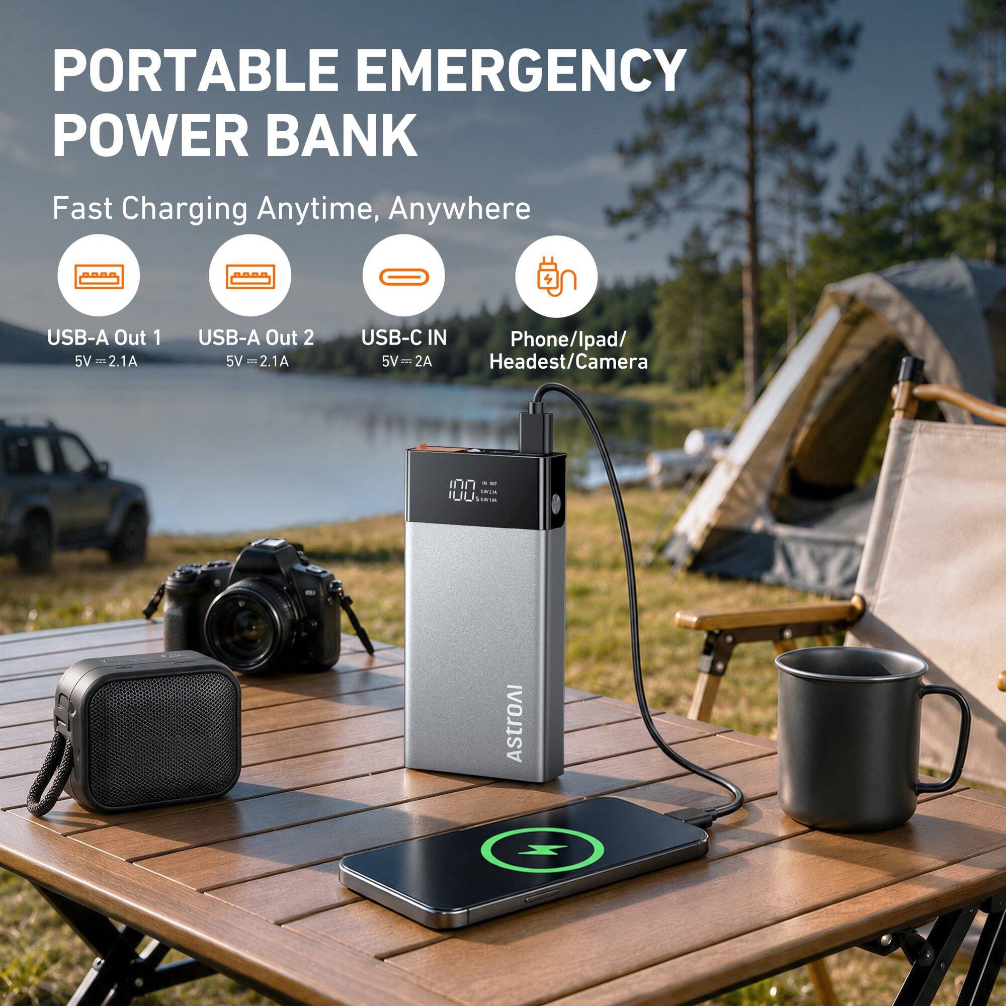 PORTABLE EMERGENCY POWER BANK

Fast Charging Anytime, Anywhere

USB-A Out 1 5V=2.1A  
USB-A Out 2 5V=2.1A  
USB-C IN Phone/lpad/ 5V=2A Headest/Camera

ASTROAI
