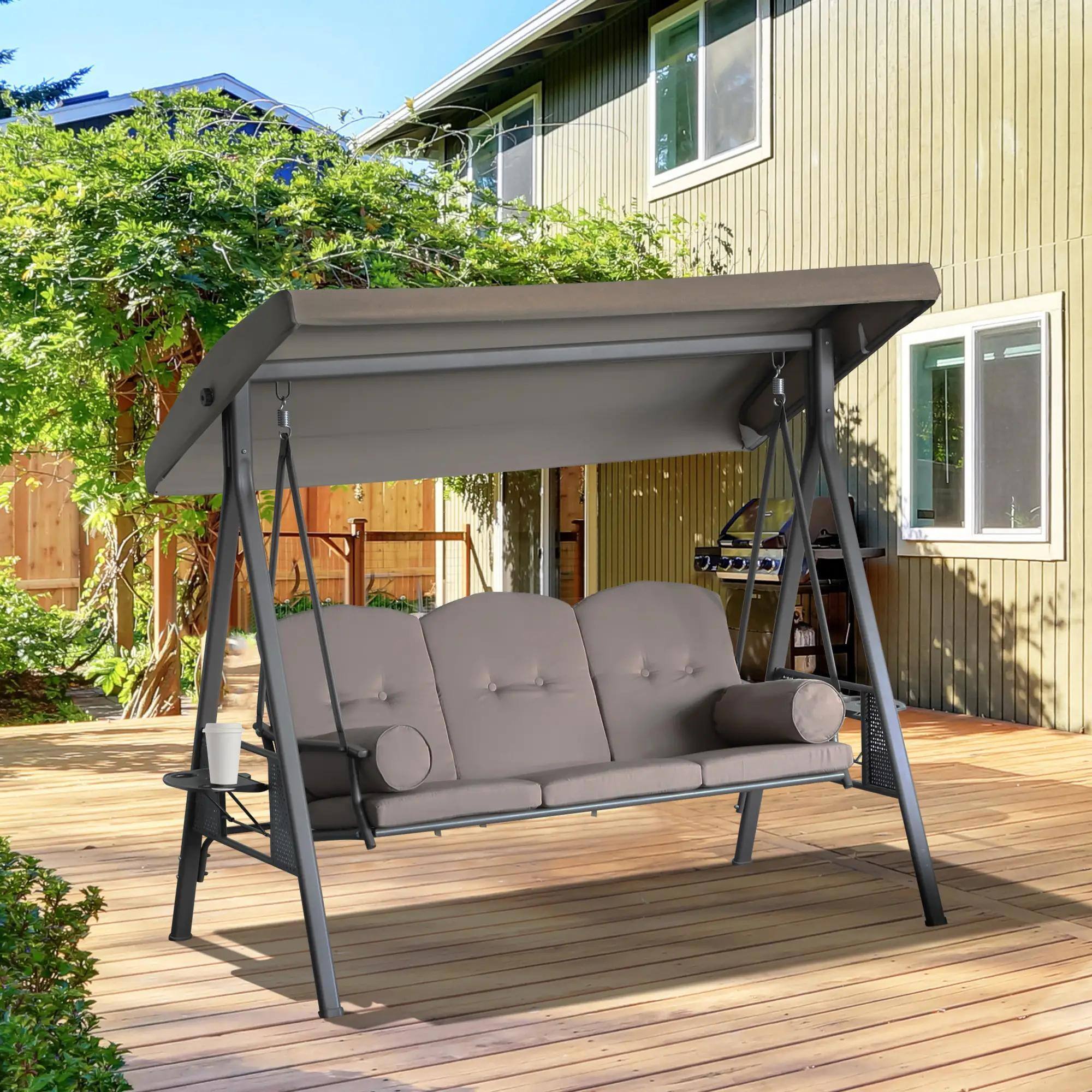 Alt View 7. Resenkos - Resenkos 3-Seat Swing Chair, Outdoor Glider With Canopy, Removable Cushions, Pillows, Side Trays, Garden,  Brown.