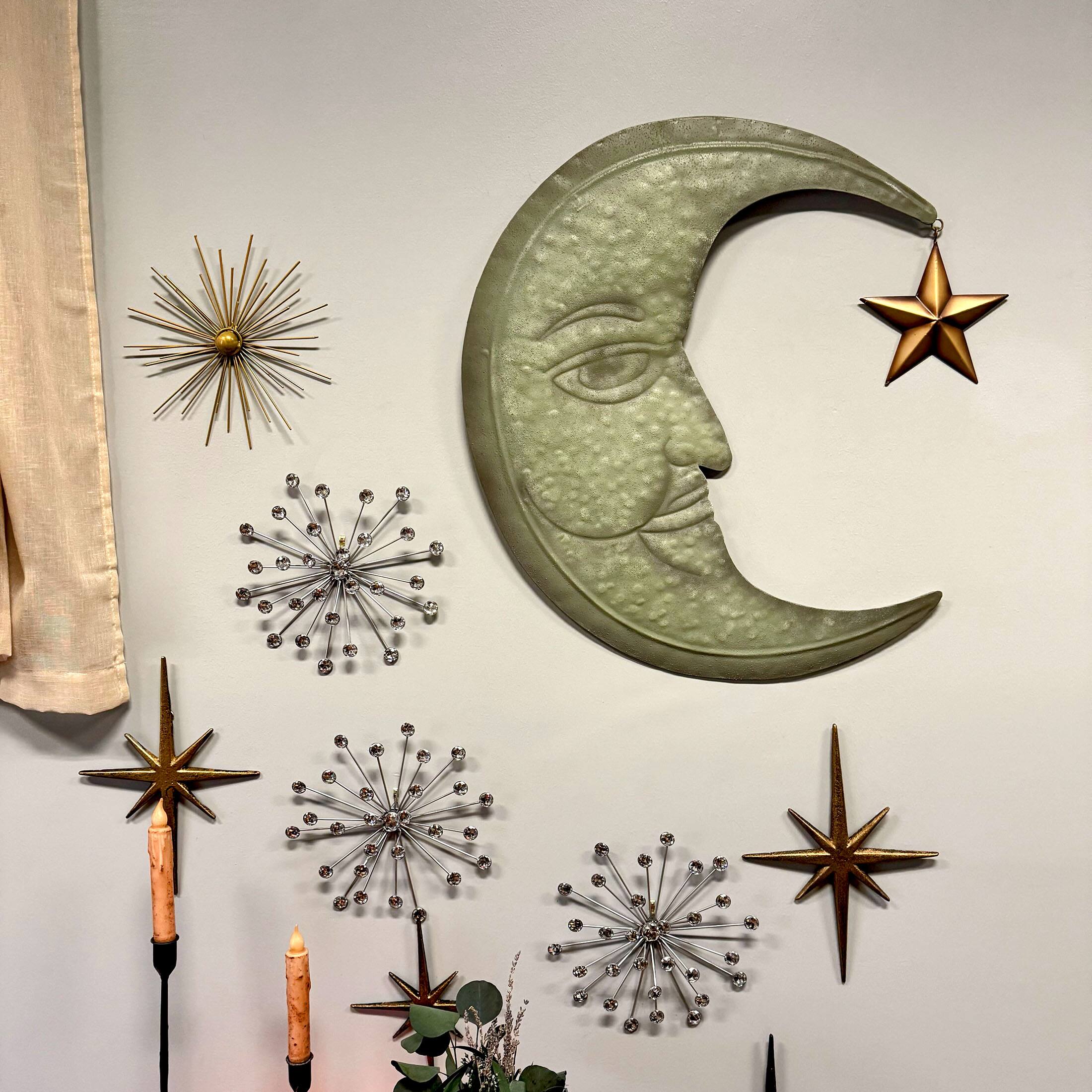 Alt View 3. Zeckos - Weathered Verdigris Green Finish Metal Crescent Moon Wall Hanging Star Dangler - Green.