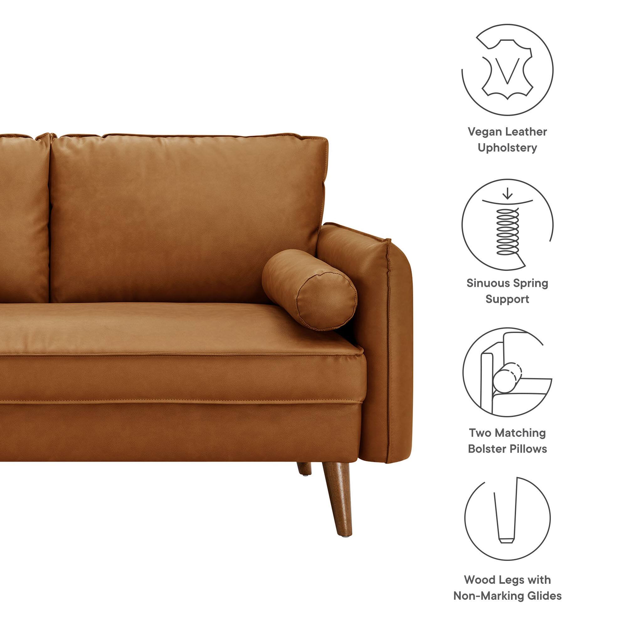 Vegan Leather Upholstery, Sinuous Spring Support, Two Matching Bolster Pillows, Wood Legs with Non-Marking Glides