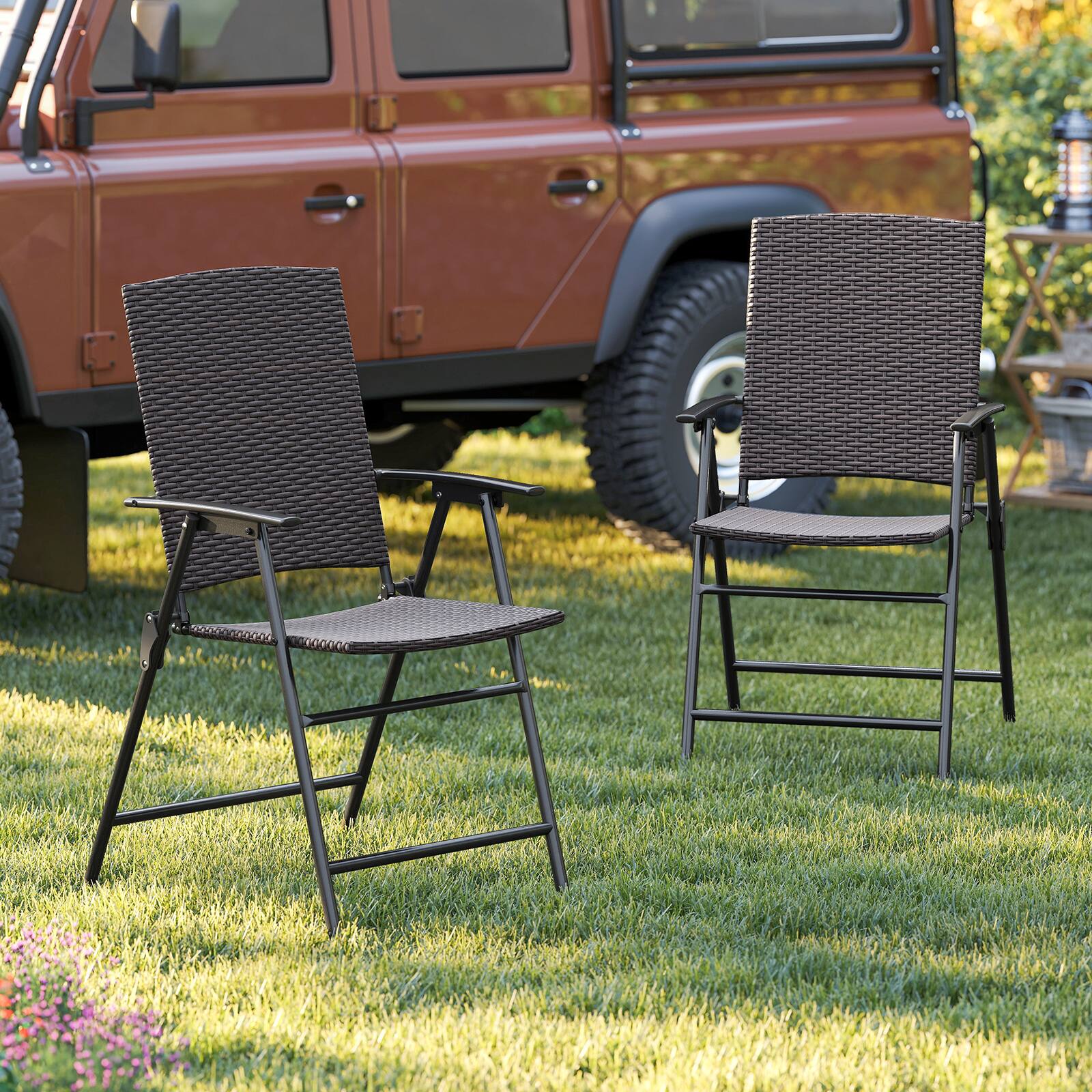 Alt View 1. Gymax - Gymax Outdoor Folding Chairs Set of 2 w/ Armrests & Metal Frame Portable Lawn Chairs - Mix Brown.