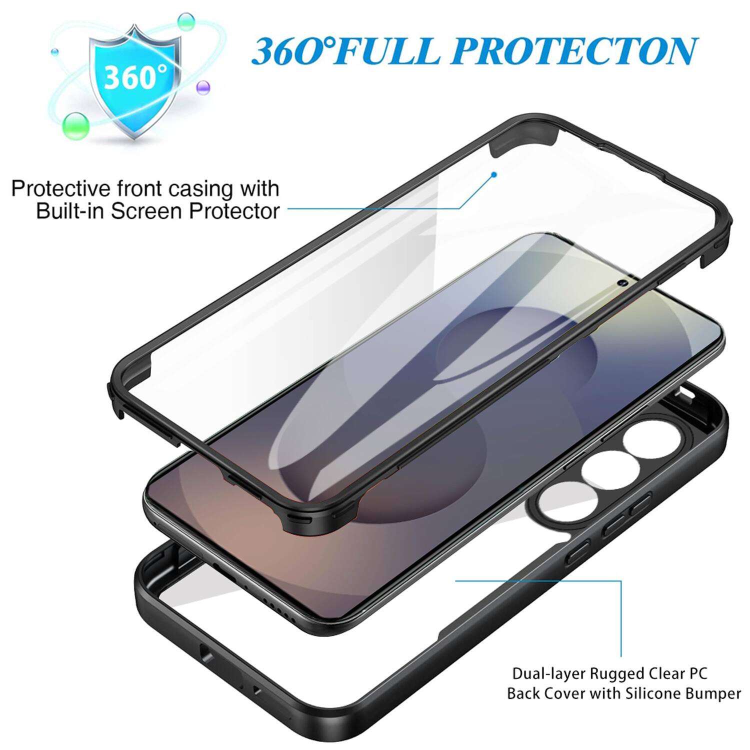 360° FULL PROTECTION

Protective front casing with Built-in Screen Protector

Dual-layer Rugged Clear PC Back Cover with Silicone Bumper