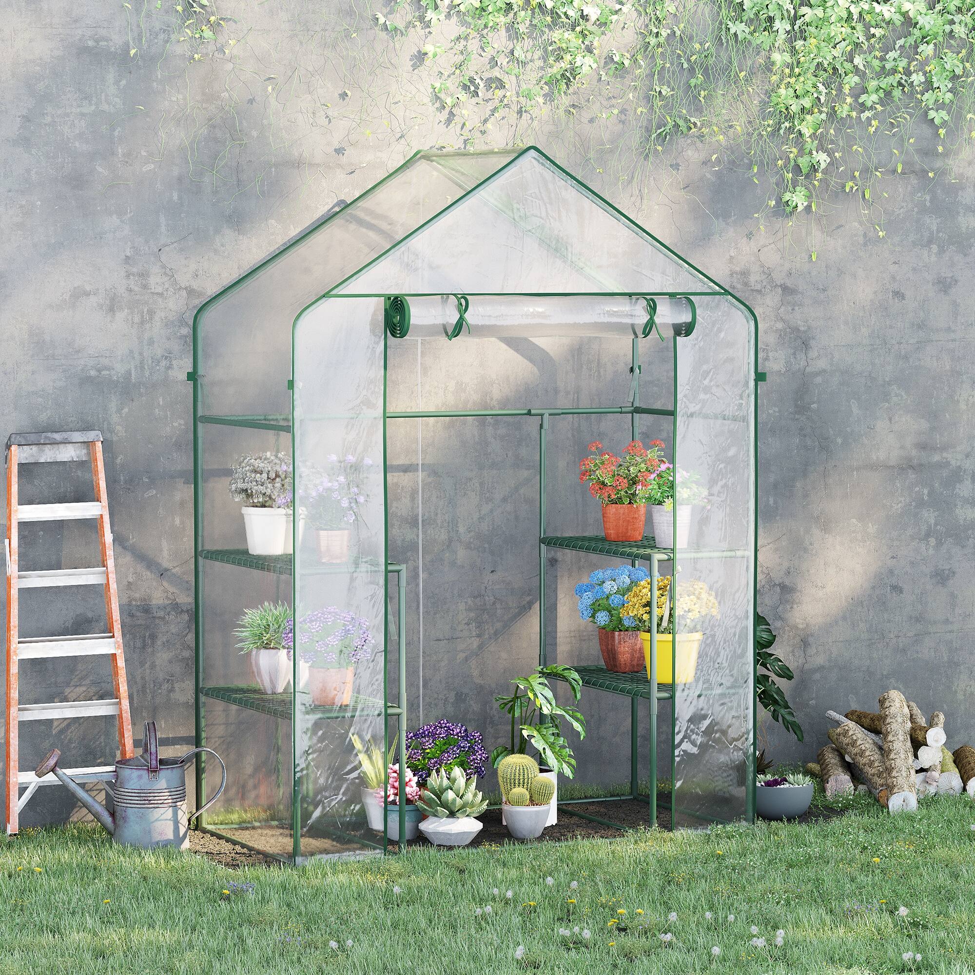 Alt View 1. Outsunny - 5' x 2.5' x 6.5' Mini Walk-in Greenhouse Kit, Portable Green House with 3 Tier Shelves, Roll-Up Door.
