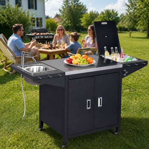 Alt View 8. Winado - Movable Rolling Grill Cart with Cold Drink Area, Sink, BBQ Prep Table, Cabinet, Bottle Opener for Outdoor Backyard Patio - Black.