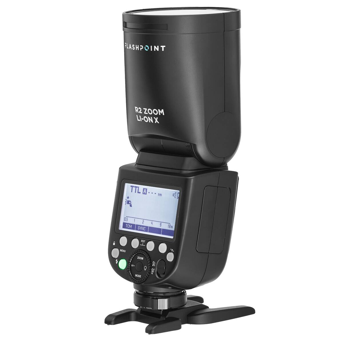 FLASHPOINT  
R2 ZOOM LI-ON X  
96  
TTL A 66g  
M  
A  
0.5 1 5 % TOM SYNC  

19m  
RST  
MENU  
ZOOM + Q MODE  
NO OFF