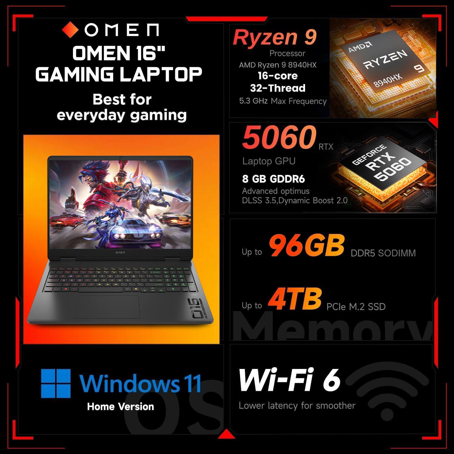 OMEN 16" GAMING LAPTOP  
Best for everyday gaming

Ryzen 9  
Processor AMD Ryzen 9 8940HX  
16-core 32-Thread  
5.3 GHz Max Frequency

5060 RTX  
Laptop GPU  
8 GB GDDR6  
Advanced optimus DLSS 3.5, Dynamic Boost 2.0

Up to 96GB DDR5 SODIMM

Up to 4TB PCIe M.2 SSD

Windows 11 Home Version

Wi-Fi 6  
Lower latency for smoother