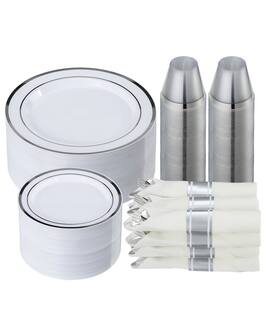 VEVOR - Plastic Disposable Plates, 350 Pcs Plastic Dinnerware Set, Include 50 Dinner Plates, 50 Dessert Plates - White + Silver
