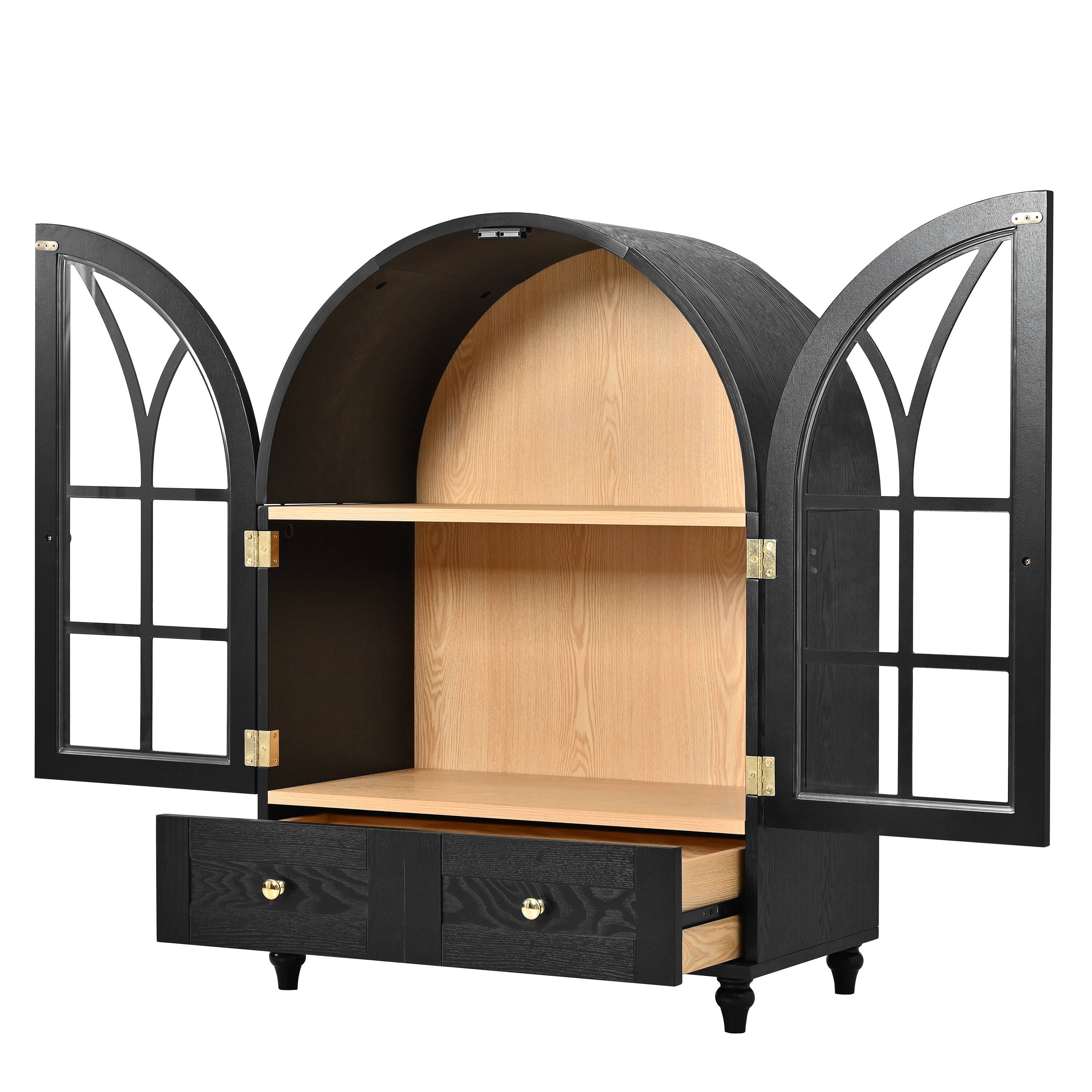 Alt View 3. Loheer - Loheer Arched Display Cabinet Wood Storage Cabinet with Glass Doors Accent Cabinet with Drawers for Living Room - Natural Wood.