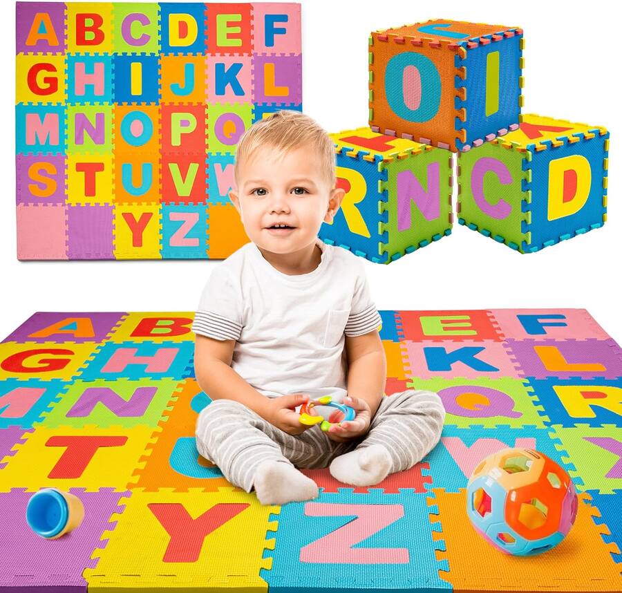 Tapis Puzzle 36 Carreaux – Alphabet Arabe, Mousse EVA Douce | Pour Bébés & Tout-Petits (31x31 Pouces)