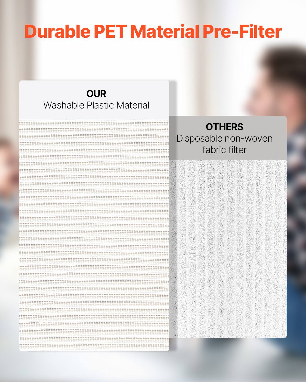 Durable PET Material Pre-Filter

OUR  
Washable Plastic Material

OTHERS  
Disposable non-woven fabric filter