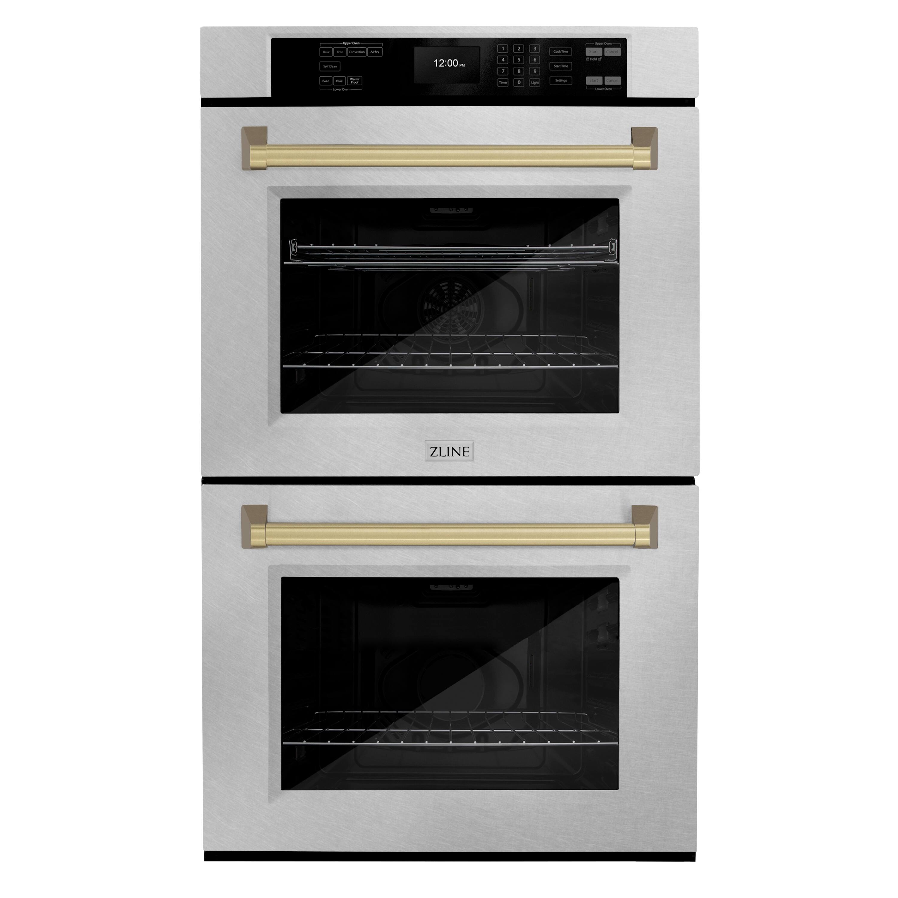 ZLINE - 30 in. Autograph Double Wall Oven w/ Air Fry in Satin Steel and Bronze Handles - Satin Stainless Steel