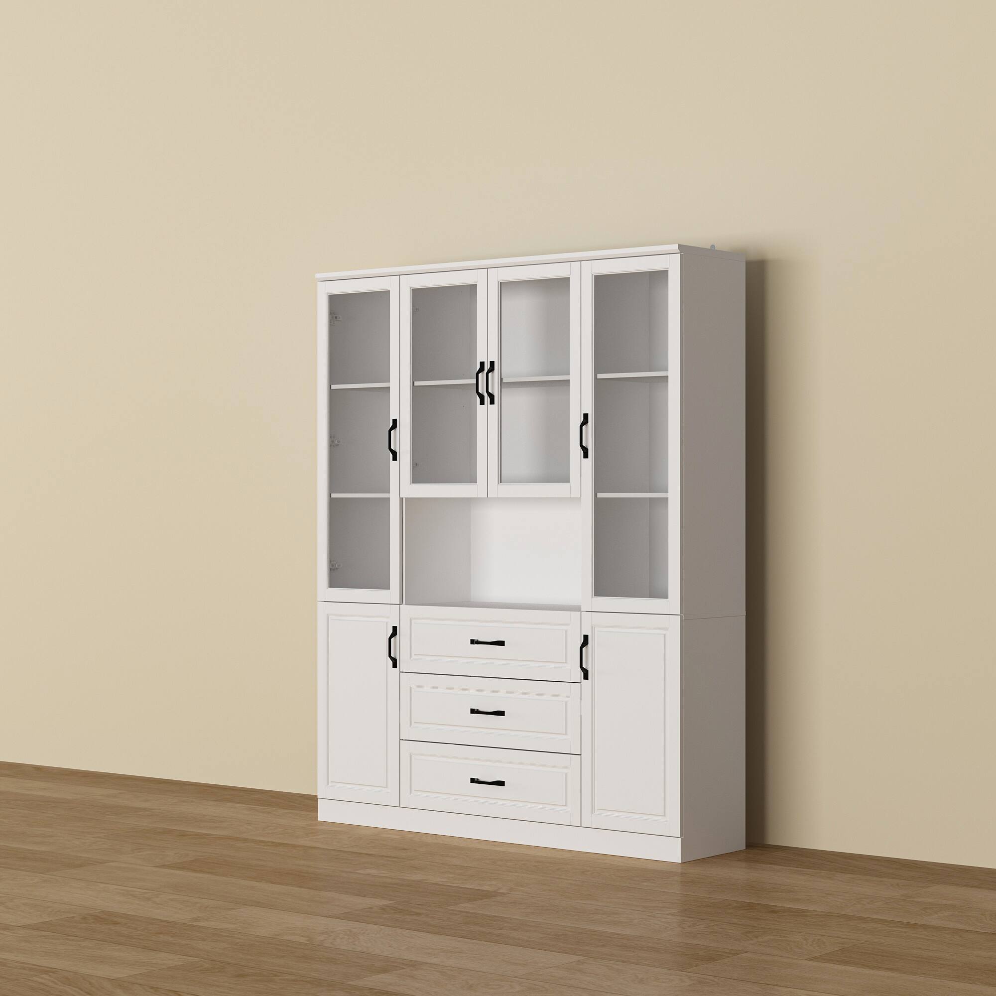 Alt View 9. FUFU & GAGA - FUFU&GAGA Tempered Glass-Door Kitchen Pantry: Modular Storage with Hidden Drawers & Open Shelving - White.