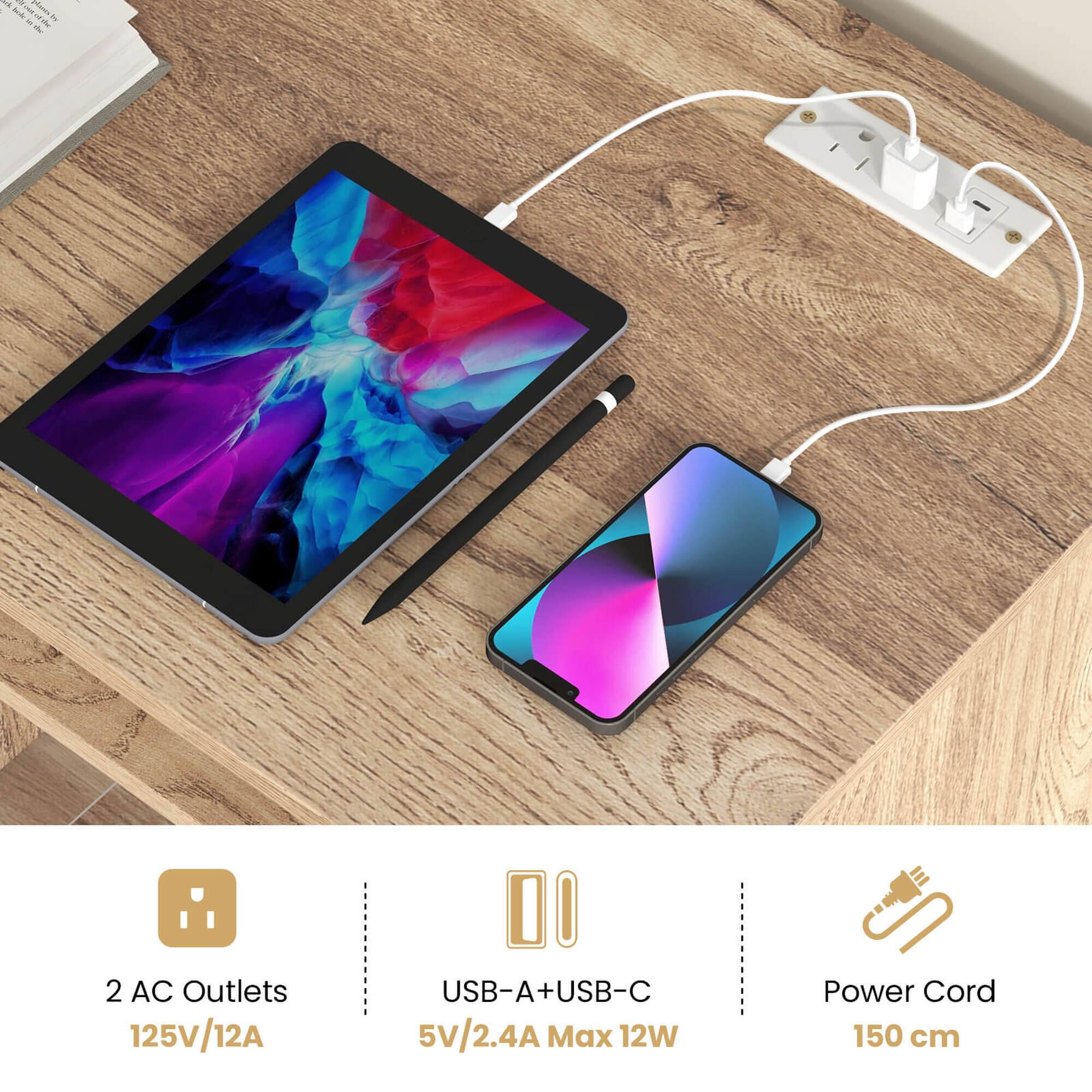 1 - 2 AC Outlets 125V/12A USB-A+USB-C 5v/2.4A Max 12W Power Cord 150 cm