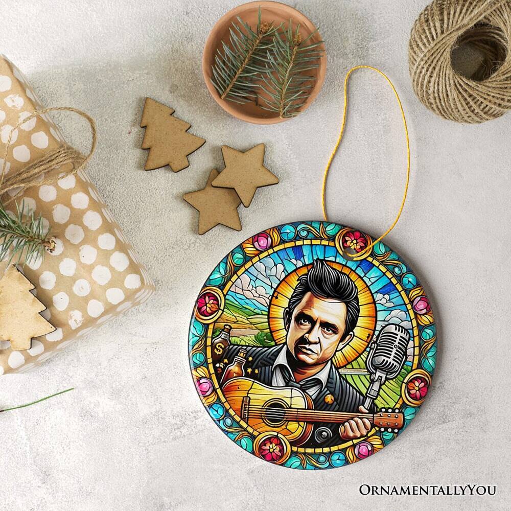 Back. OrnamentallyYou - Country Rockin Stained Glass Ceramic Christmas Ornament Vintage Pop Art and Johnny Cash - Multi-colored.