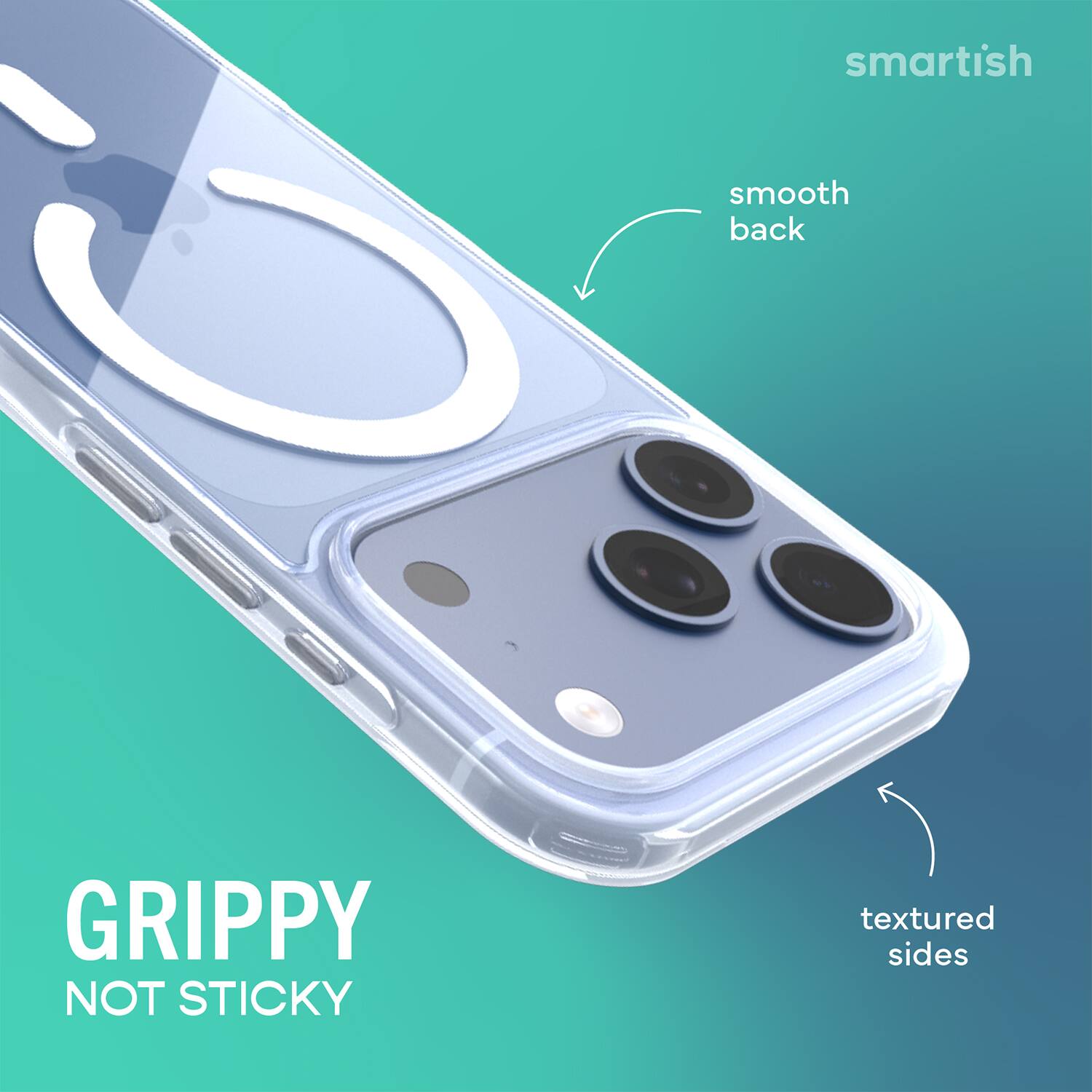 smartish  
smooth back  
GRIPPY NOT STICKY  
textured sides