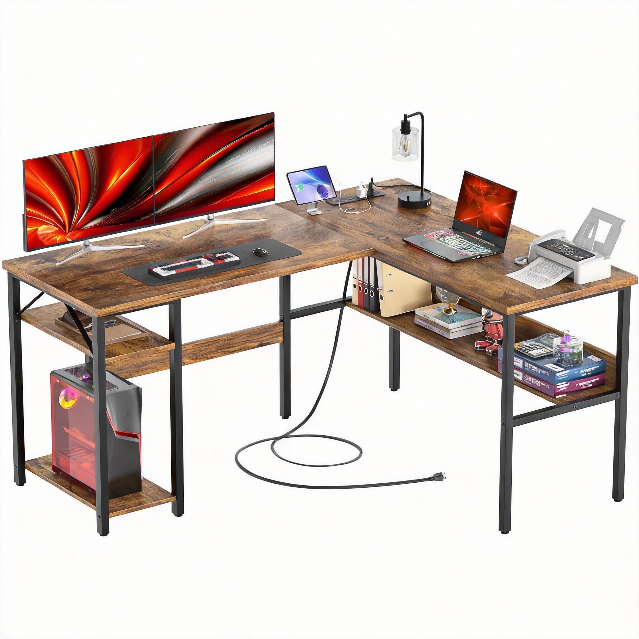CovertSafe- Reversible L Gaming Desk with Outlets USB Shelf Corner Office- Rustic Brown L Shaped configs 3 outlets 2 USBs
