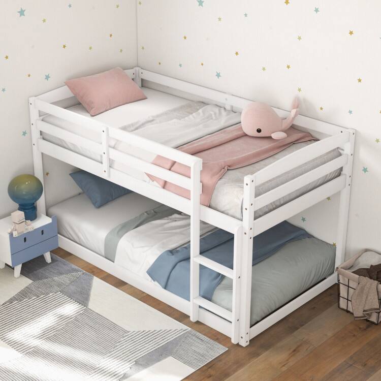 Left. SlickBlue - Space-Saving Bunk Bed Frame with High Safety Rails and Ladder Access - White.