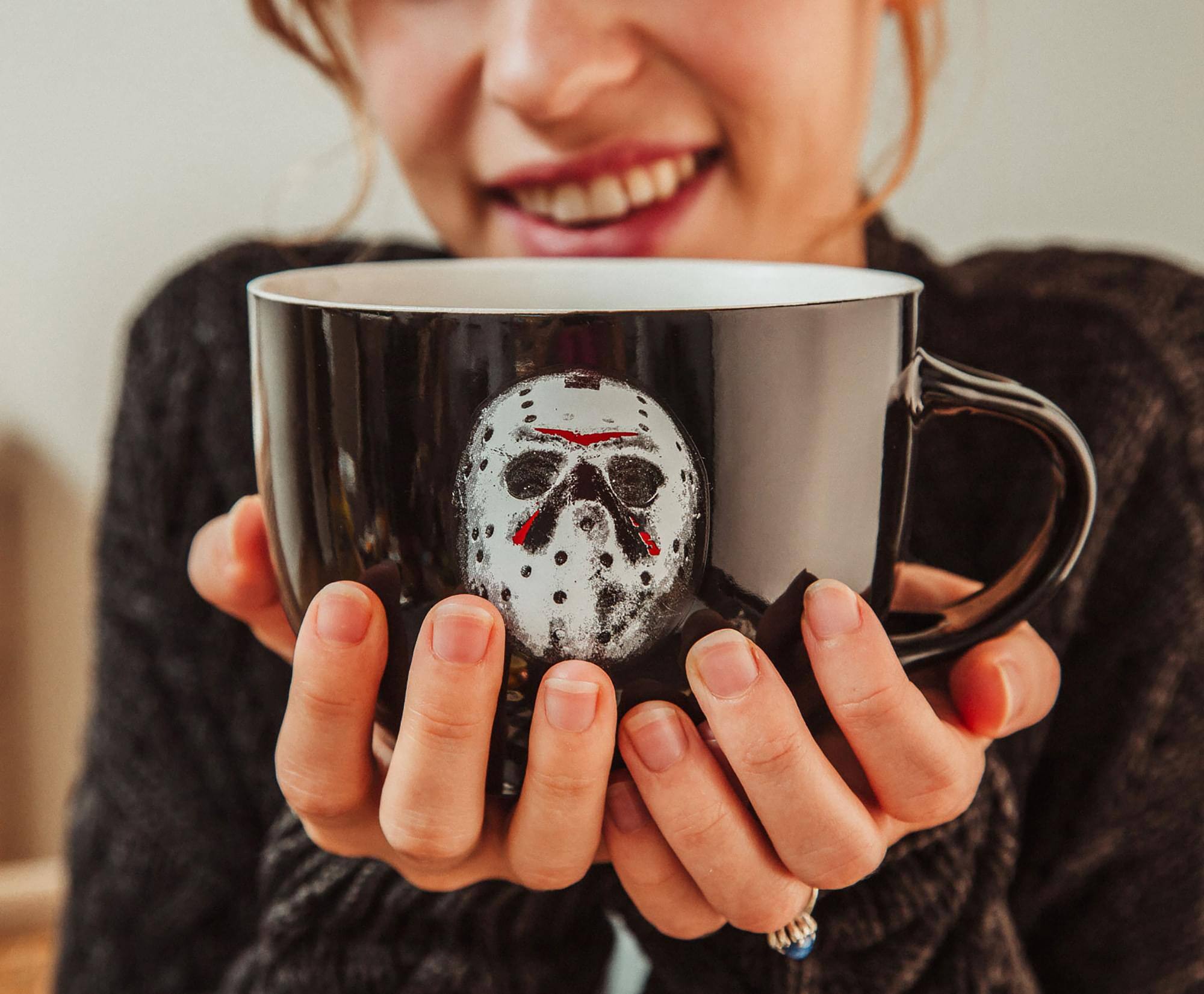 Alt View 4. Silver Buffalo - Friday the 13th Jason Voorhees Ceramic Soup Mug With Spoon | Holds 24 Ounces - Black.