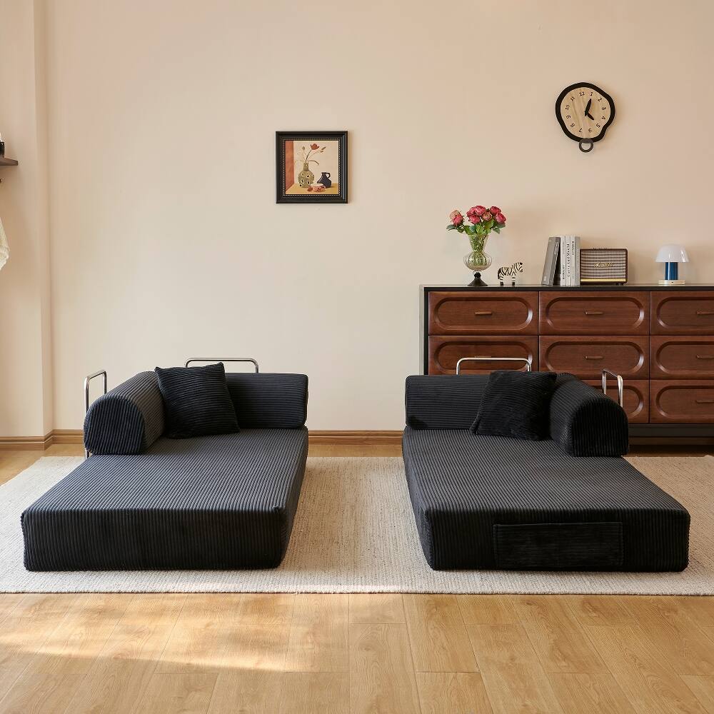 Alt View 4. Loheer - Loheer 78.8" Compression Sofa Convertible Floor Sofa Bed Black Corduroy Futon Couch Sleeper Modular Sectional Sofa - Black.