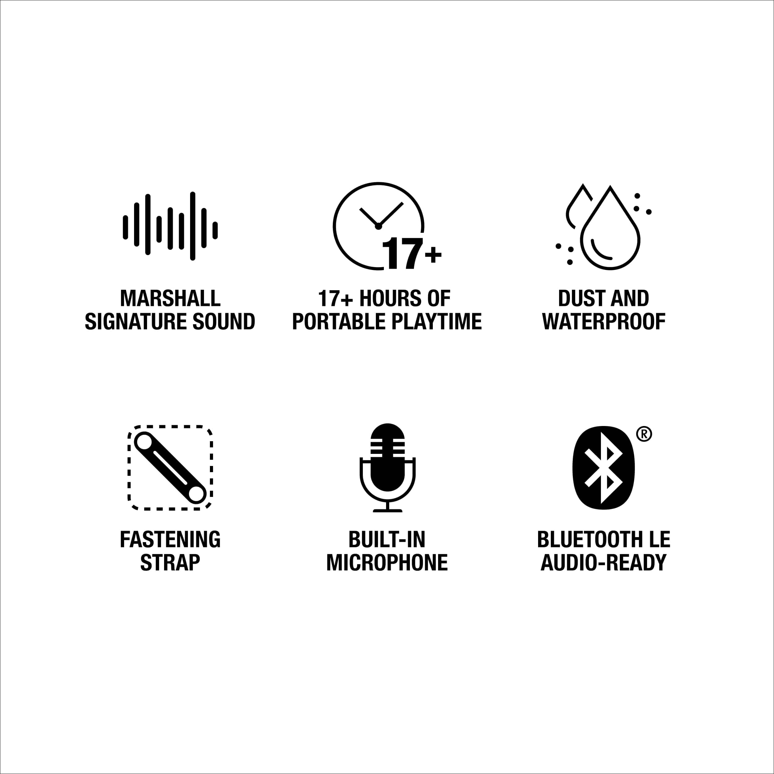 The text on the image is grouped and corrected as follows:
1. Marshall Signature Sound
2. 17+ Hours of Dust and Waterproof Portable Playtime
3. Fastening Strap
4. Built-in Microphone
5. Bluetooth LE Audio-Ready
