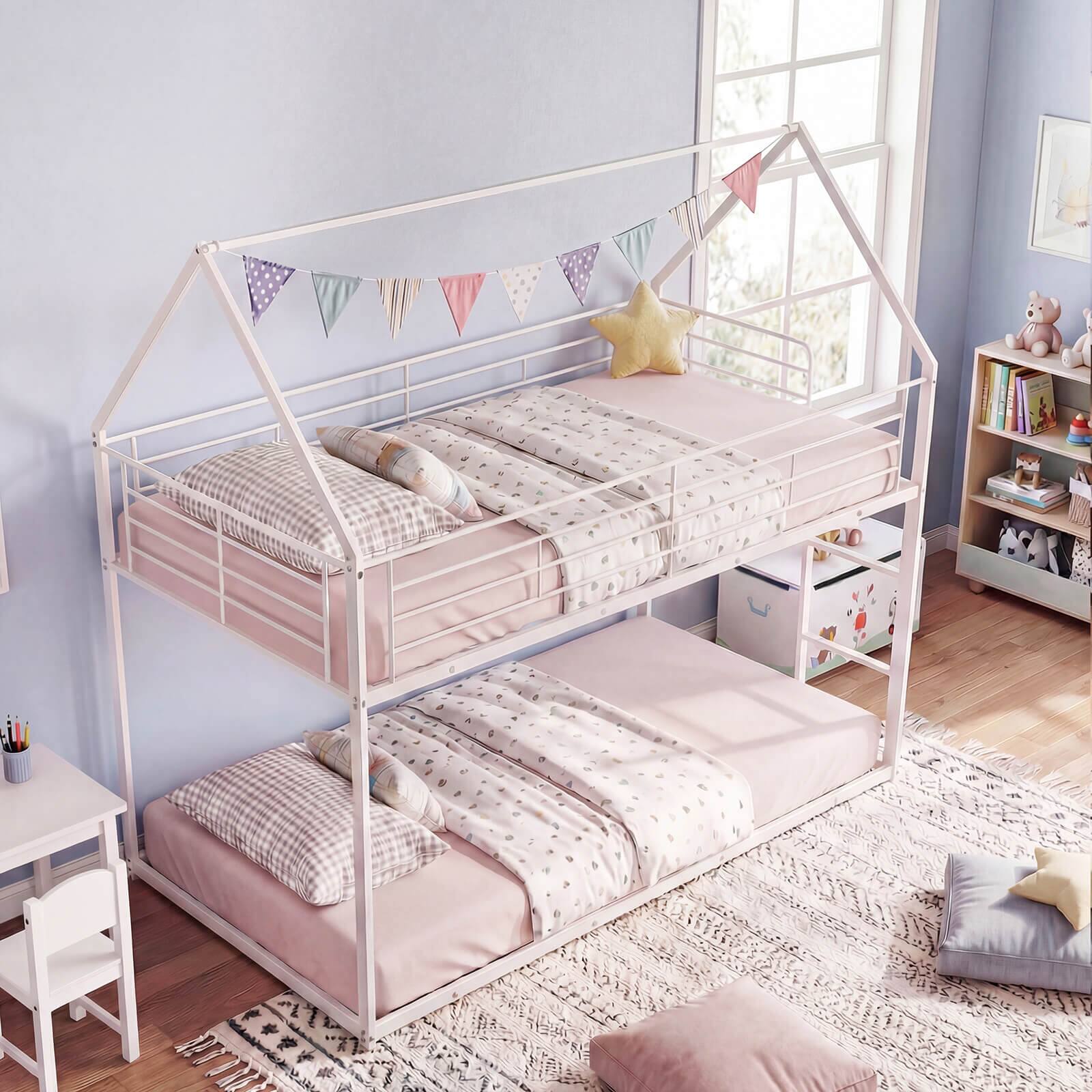 Alt View 3. Costway - Costway Twin Over Twin Metal Bunk Bed, House Shaped Floor Bunk Bed Frame with Roof & Ladder - White.
