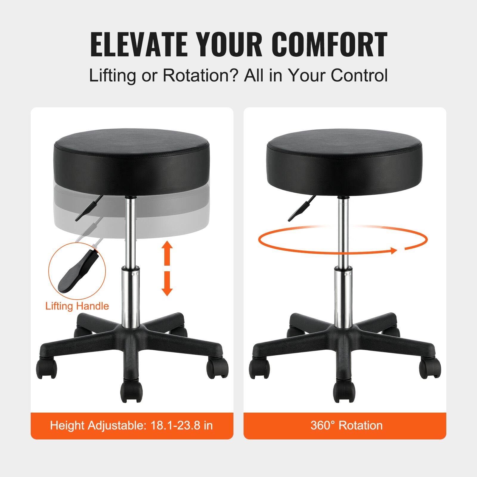ELEVATE YOUR COMFORT  
Lifting or Rotation? All in Your Control  

Lifting Handle  
Height Adjustable: 18.1-23.8 in  

360° Rotation