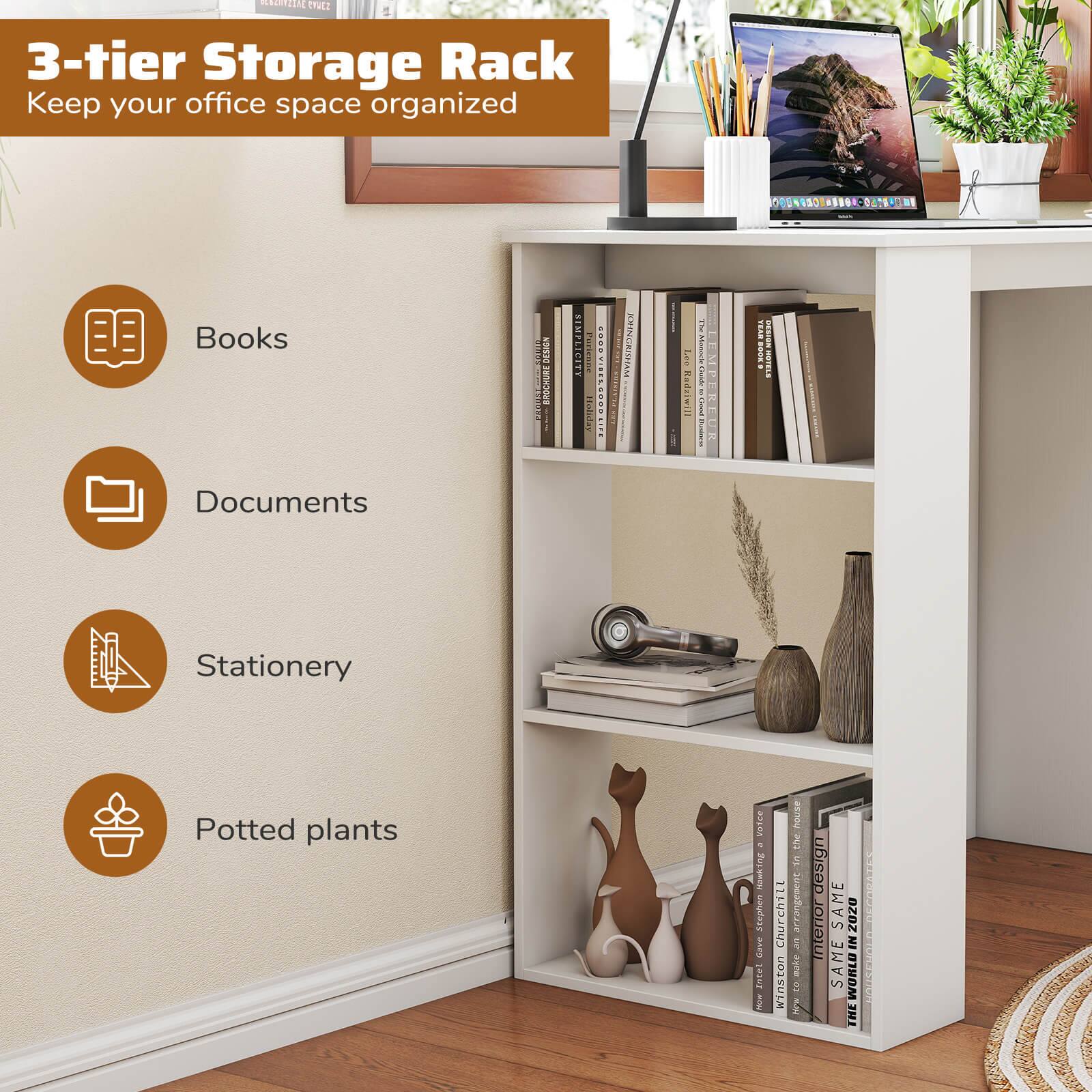 Keep your office space organized with the 3-tier Storage Rack. This rack features three shelves for storing various items such as books, documents, stationery, potted plants, and more. The rack is designed to maximize space and keep your work area clutter-free. The image also includes a laptop, a cup, and a vase, showcasing the versatility of the storage rack in different office settings.