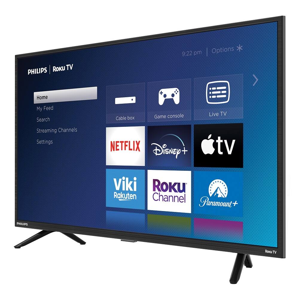 9:22 pm | Options

PHILIPS | Roku TV

Home
My Feed
Search
Streaming Channels
Settings

Cable box
Game console
Live TV

NETFLIX
Disney+
tv
Viki
Rakuten
Roku Channel
Paramount+