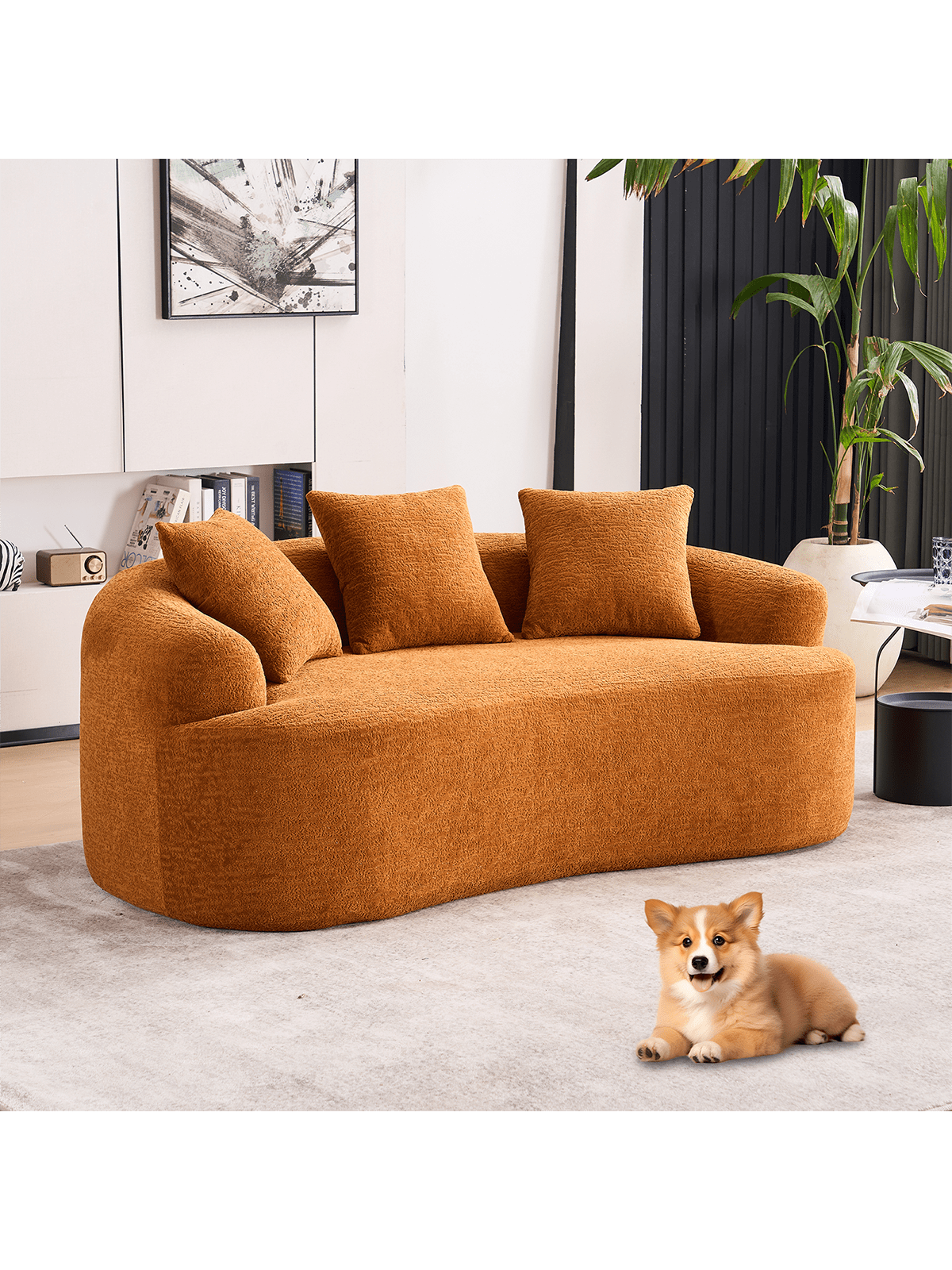 Alt View 1. Trinkets Crazed - 65" Curved Small Loveseat Sofa,Cozy Chenille Upholstered Couch With 3 Pillows,Modern Deep Seat Cloud Couch - Orange.