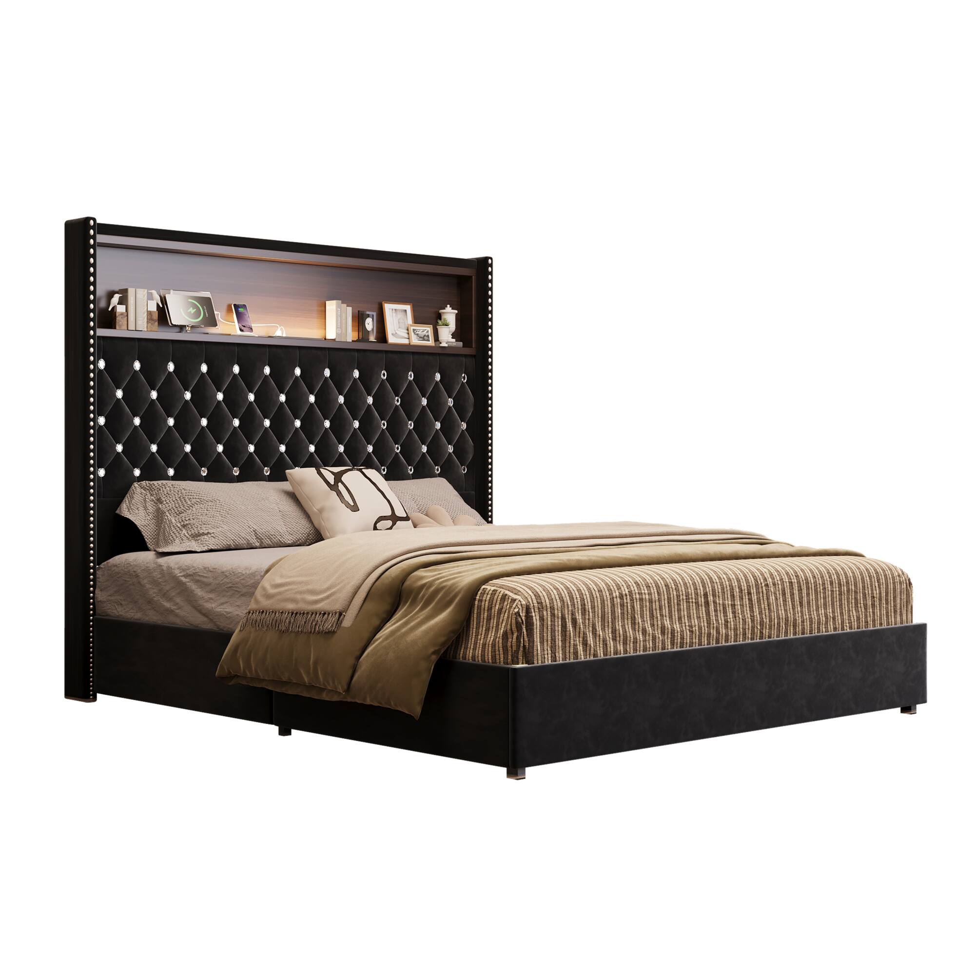 Alt View 6. GOODSILO - Luxurious Queen Size Velvet Tufted Bed Frame with USB Port and Night Light, High Headboard Platform Bed - Black.