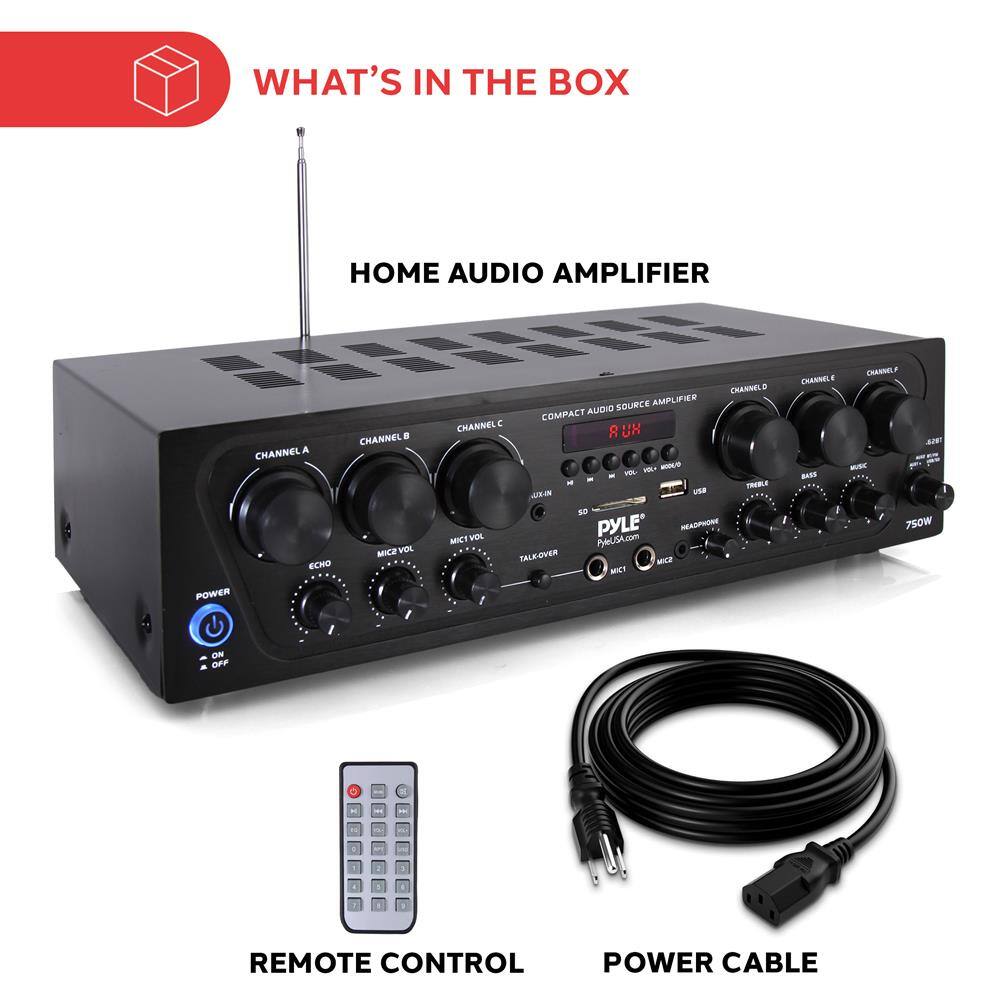 WHAT'S IN THE BOX

HOME AUDIO AMPLIFIER

- CHANNEL A
- CHANNEL B
- CHANNEL C
- CHANNEL D
- CHANNEL E
- CHANNEL F
- ECHO
- MIC 1 VOL
- MIC 2 VOL
- TALK-OVER
- HEADPHONE
- SD
- USB
- TUNER
- BASS
- REMOTE CONTROL
- POWER CABLE

COMPACT AUDIO SOURCE AMPLIFIER

8 UK

750W

PYLE

PYLEUSA.COM