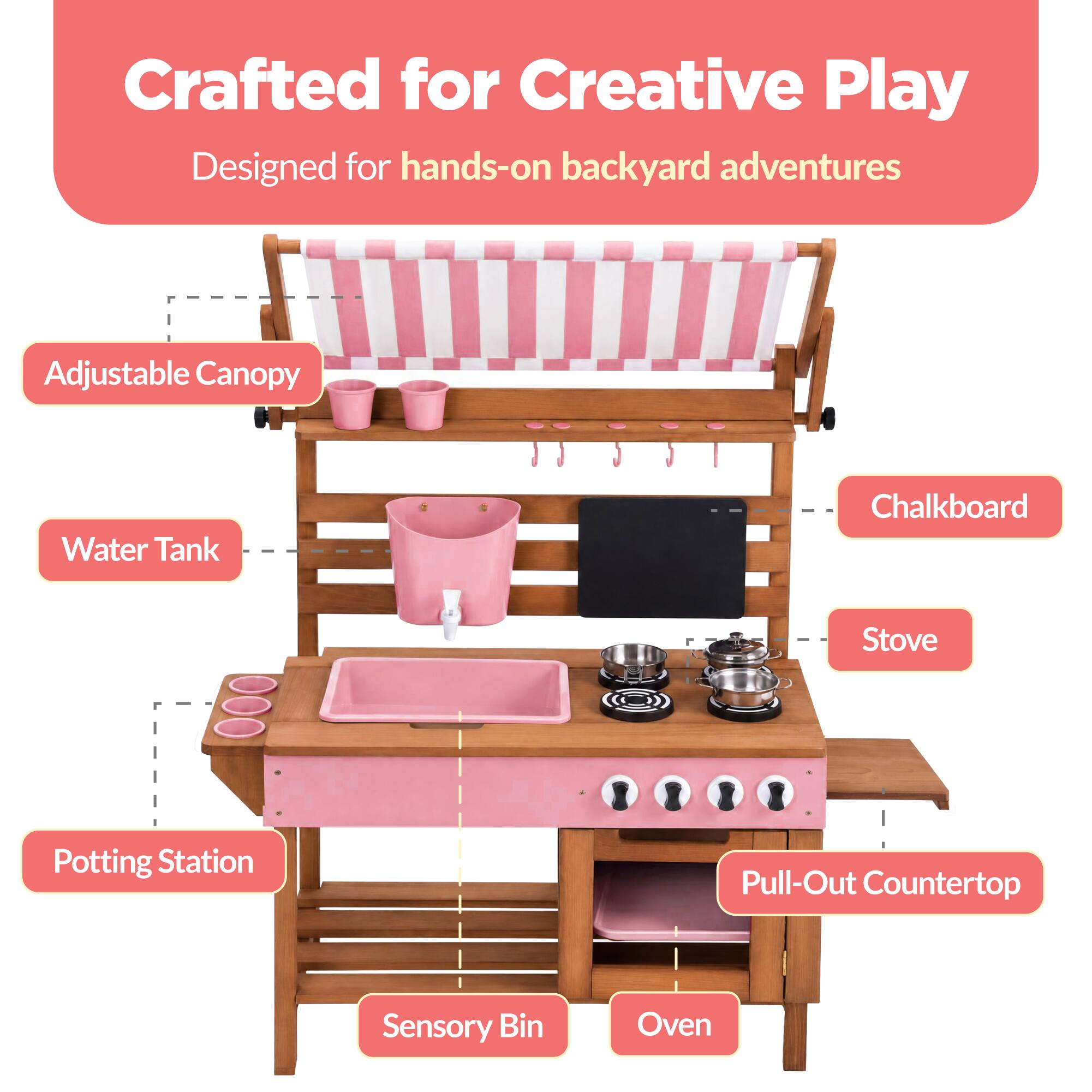 Crafted for Creative Play  
Designed for hands-on backyard adventures  

- Adjustable Canopy  
- Water Tank  
- Chalkboard  
- Stove  
- Potting Station  
- Pull-Out Countertop  
- Sensory Bin  
- Oven
