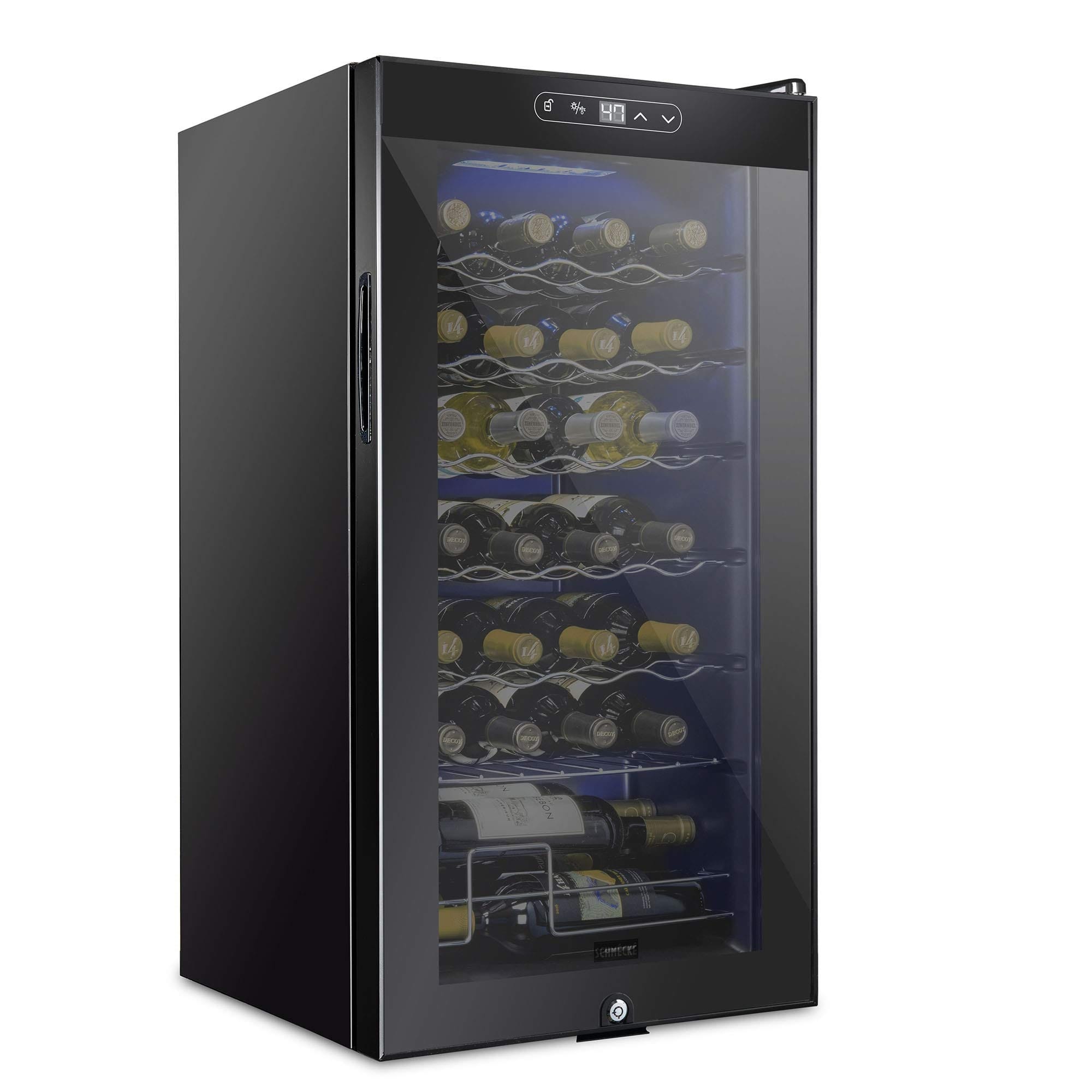 Schmecke - 28 Bottle Compressor Wine Refrigerator, Freestanding Wine Cooler with Lock - Black