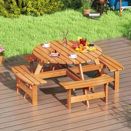 Mondawe - 8-Person Round Picnic Table Set w/ Umbrella Hole, Outdoor Circular Dining Table with Benches for Patio - Yellow