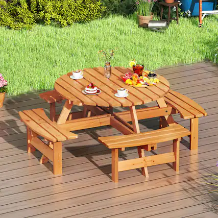 Front. Mondawe - 8-Person Round Picnic Table Set w/ Umbrella Hole, Outdoor Circular Dining Table with Benches for Patio - Yellow.