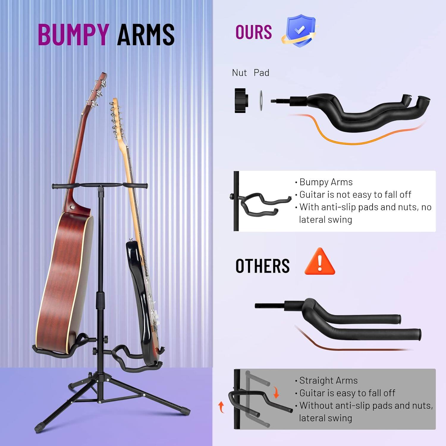 **BUMPY ARMS**

**OURS**

- Nut Pad
- Bumpy Arms
- Guitar is not easy to fall off
- With anti-slip pads and nuts, no lateral swing

**OTHERS**

- Straight Arms
- Guitar is easy to fall off
- Without anti-slip pads and nuts, lateral swing