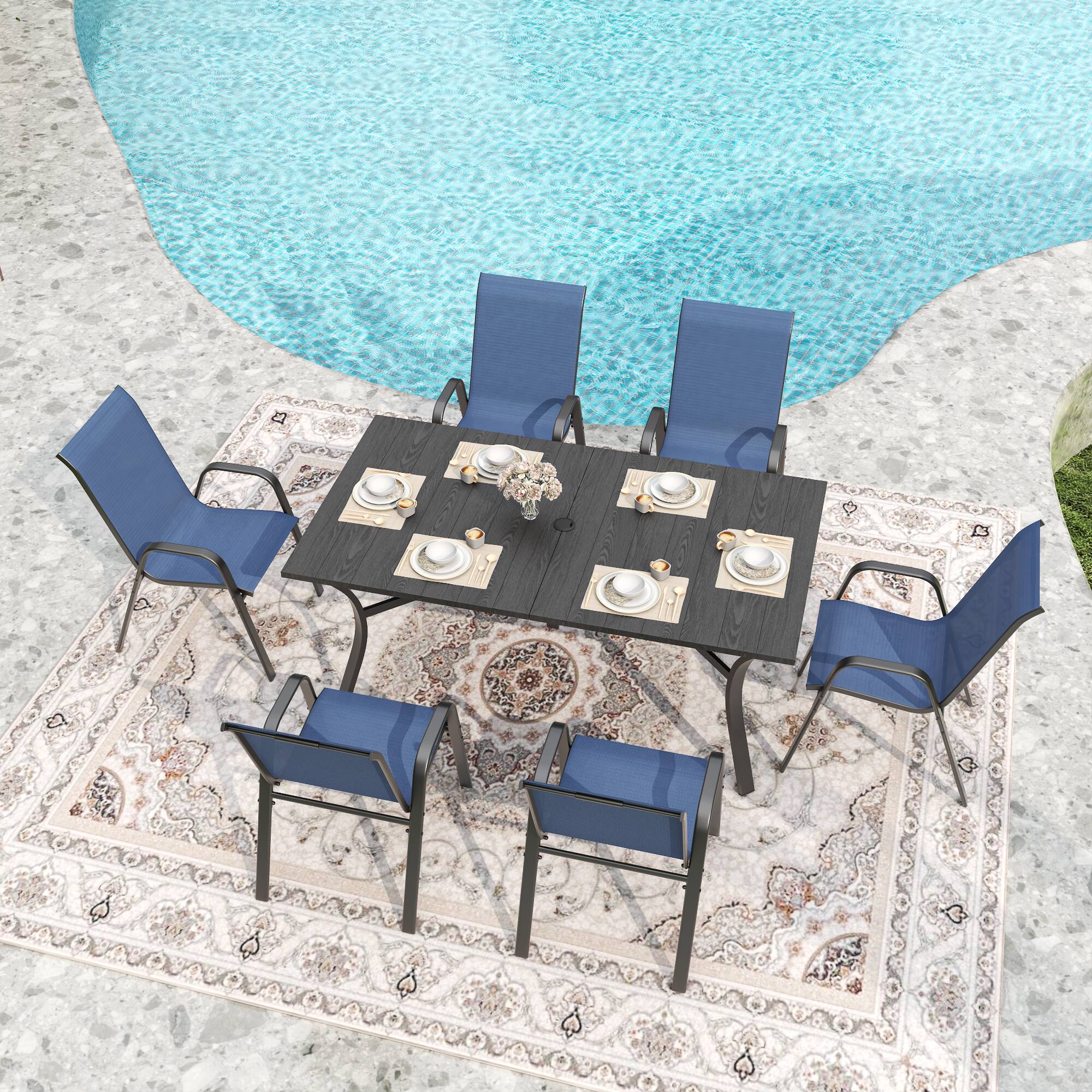 Left. Mondawe - 6-Piece Outdoor Dining Chairs Set, Teslin Fabric and Metal Frame - Black+Navy Blue.