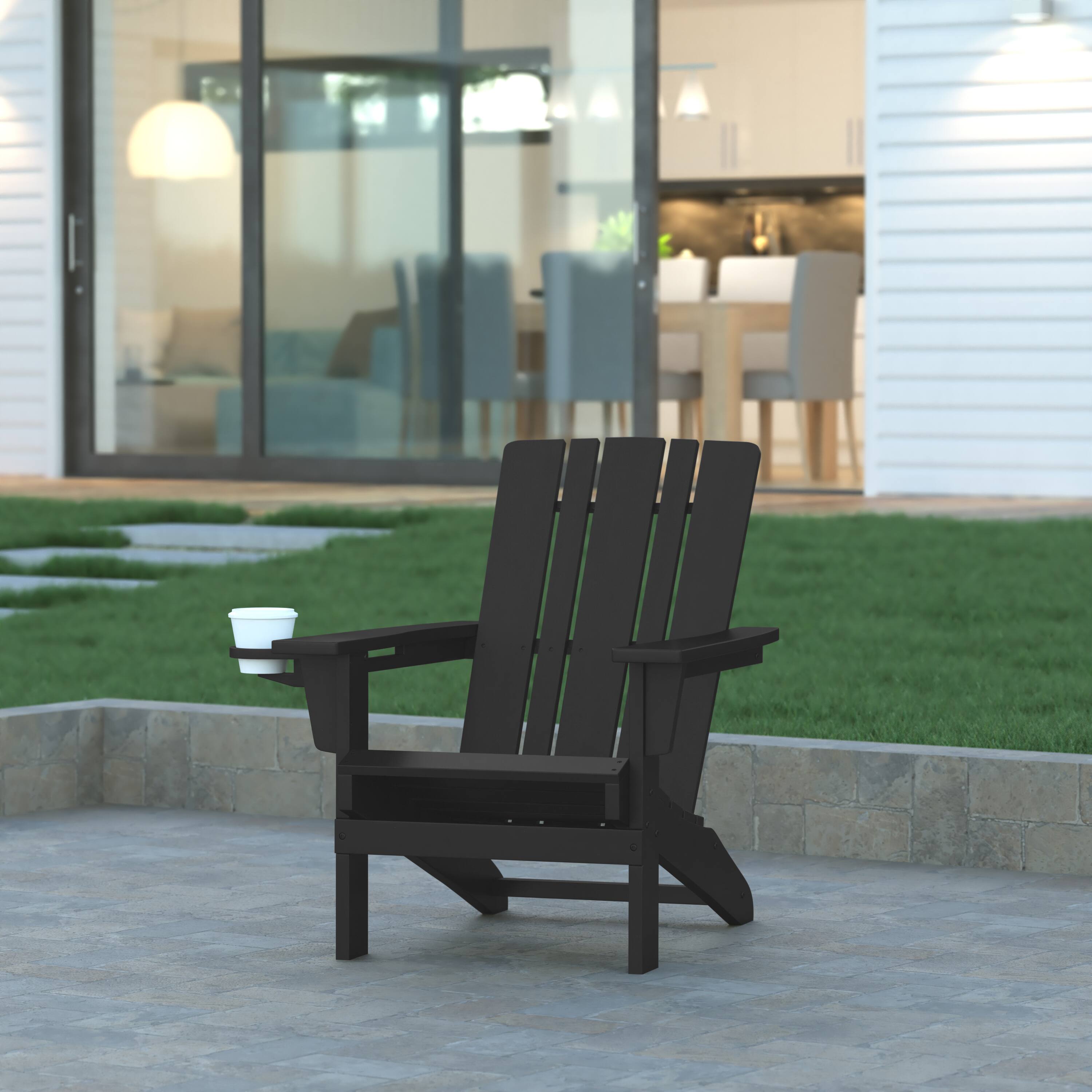 Alt View 1. Emma + Oliver - Haley Adirondack Chair with Cup Holder, Weather Resistant HDPE Adirondack Chair - Black.