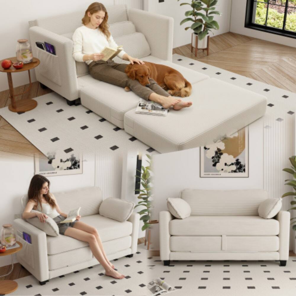 Back. LUCKY ONE - 2-in-1 Convertible Corduroy 2-Seater Loveseat Sofa Bed w/ Side Storage 375 lbs/seat - Beige.