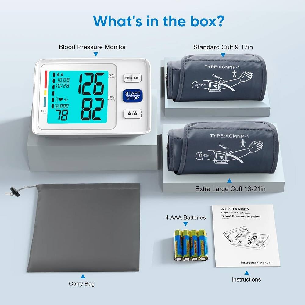 What's in the box?

- Blood Pressure Monitor
- Standard Cuff 9-17in
- Extra Large Cuff 13-21in
- Carry Bag
- 4 AAA Batteries
- Instruction Manual

Blood Pressure Monitor:
- TYPE: ACMNP-1
- 22-42cm
- TYPE: ACMNP-1
- 32-52cm

Standard Cuff 9-17in:
- TYPE: ACMNP-1
- 22-42cm

Extra Large Cuff 13-21in:
- TYPE: ACMNP-1
- 32-52cm

4 AAA Batteries

Instruction Manual:
- ALPHAMED
- Upper Arm Electronic Blood Pressure Monitor