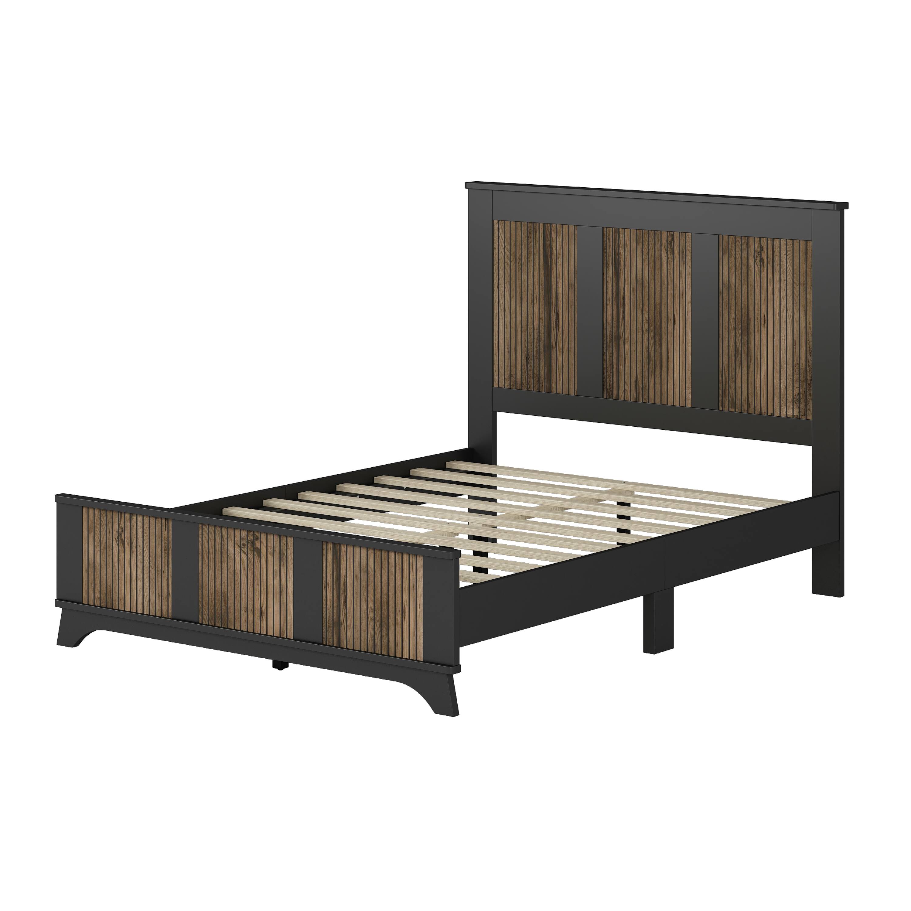 Alt View 1. Tiramisubest - Wooden Platform Full Size Bed, Modern Platform Bed with Wooden Strip Stickers Decoration, Plywood Slats Support, Black - Black.