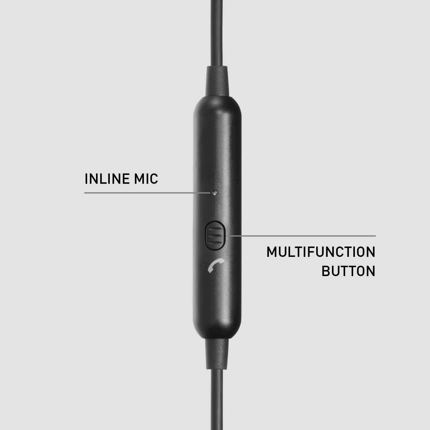 The text on the image is grouped and corrected as follows:
"Inline Mic Multifunction Button"